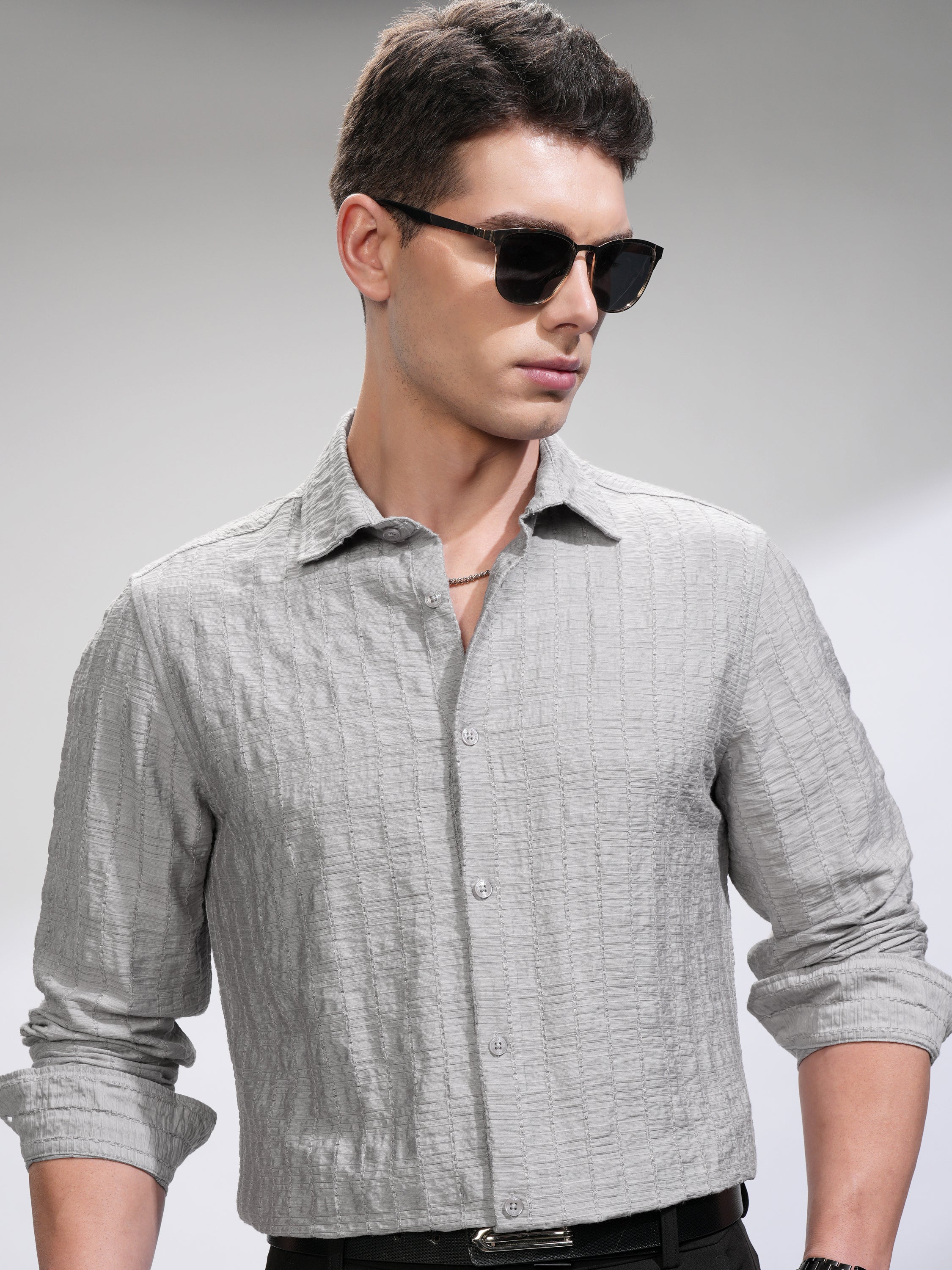 Highlander Men Grey Self Design Slim Fit Casual Shirt - Grey - Image 1
