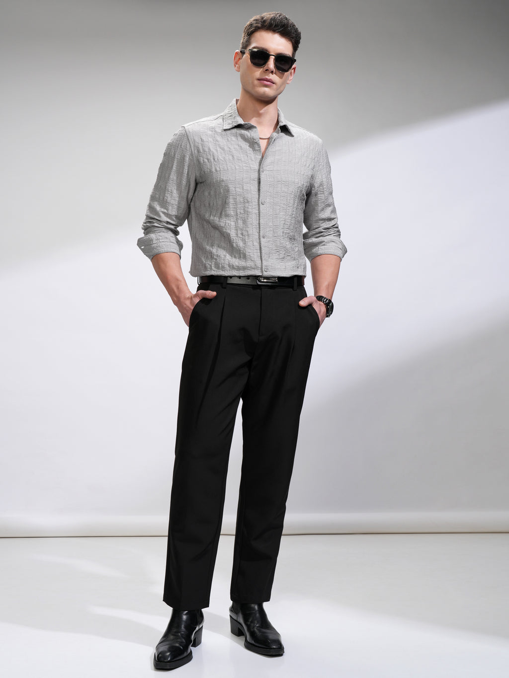 Highlander Men Grey Self Design Slim Fit Casual Shirt - Grey - Image 2