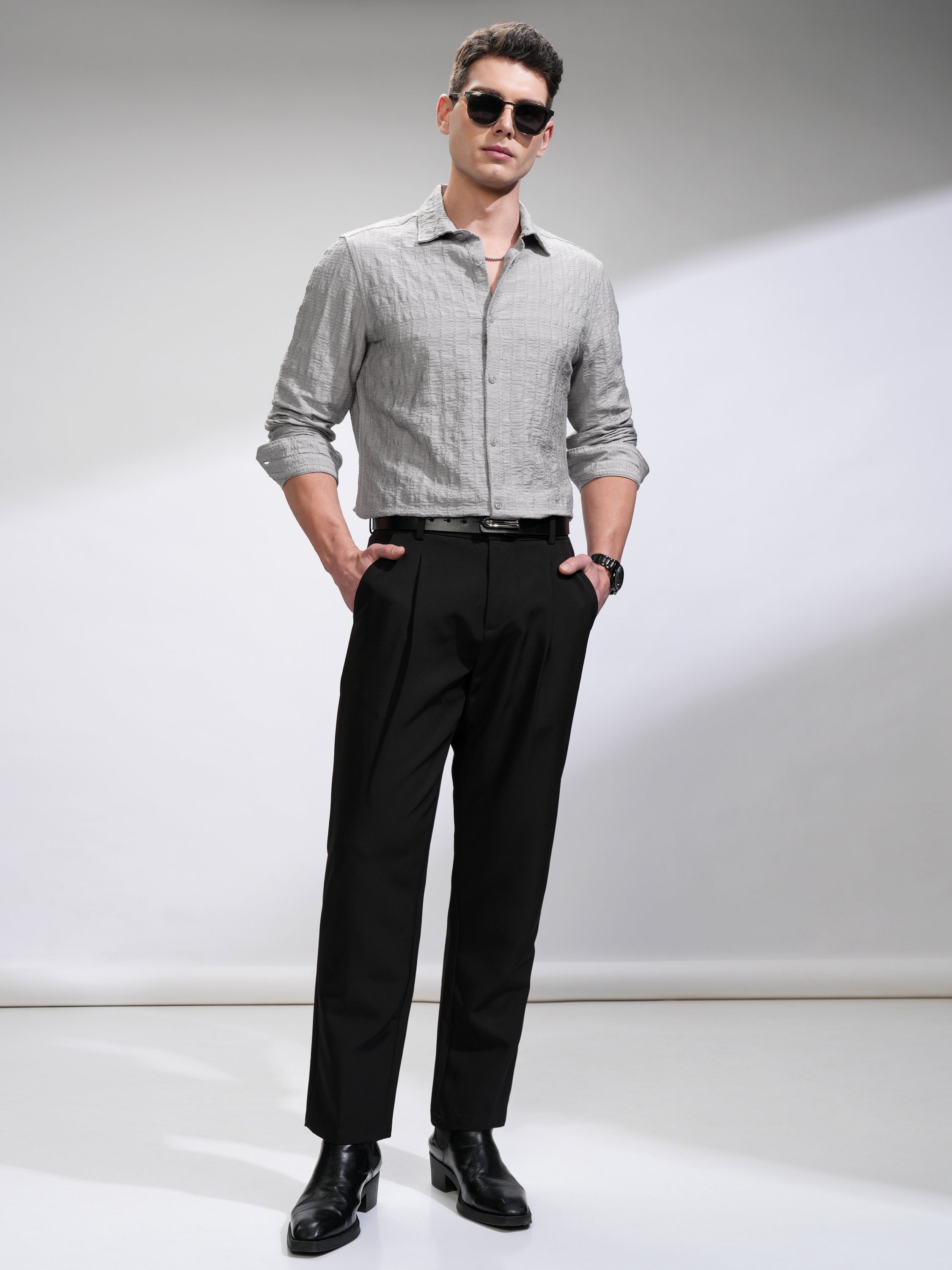 Highlander Men Grey Self Design Slim Fit Casual Shirt - Grey - Image 2