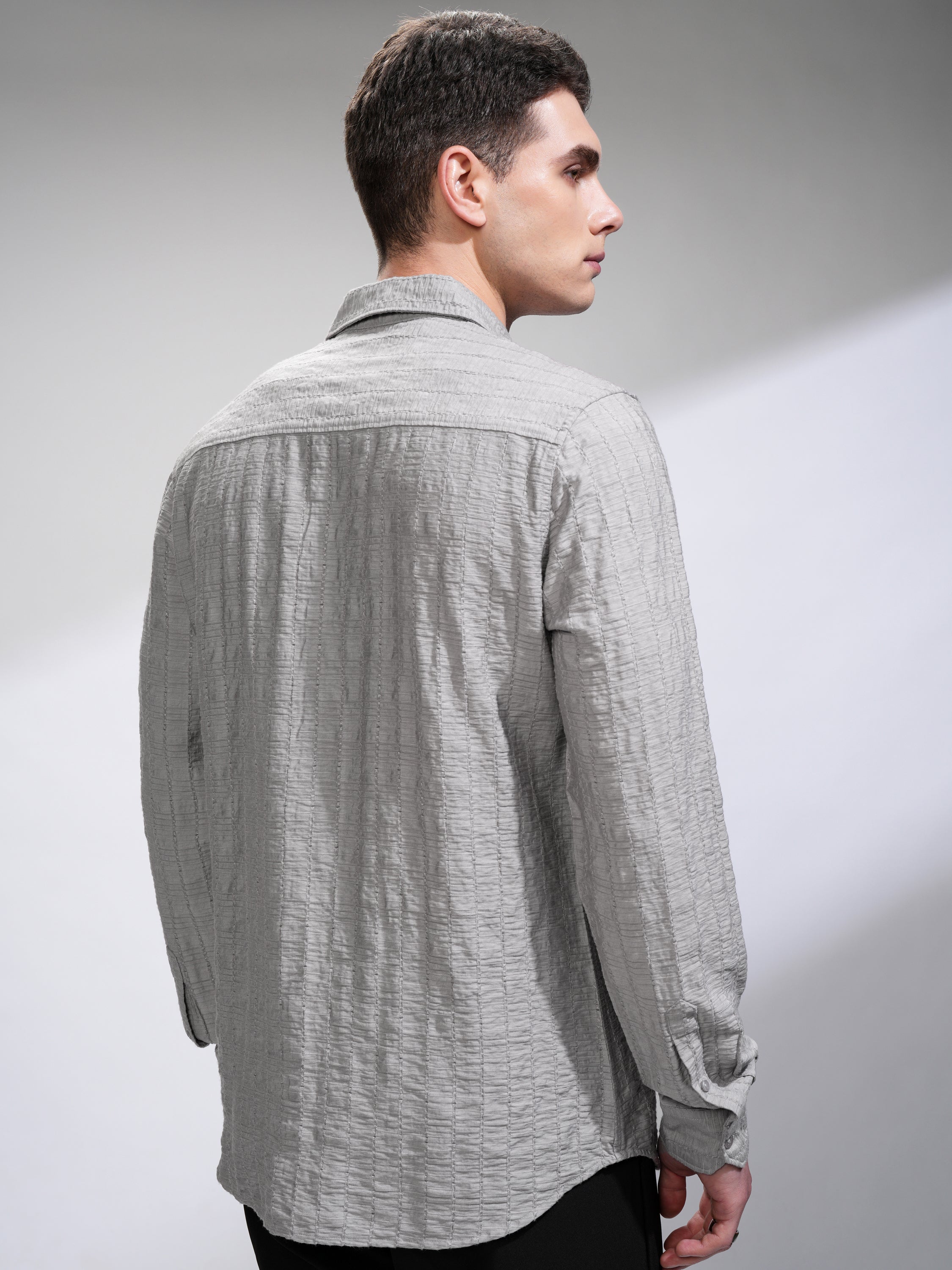Highlander Men Grey Self Design Slim Fit Casual Shirt - Grey - Image 3