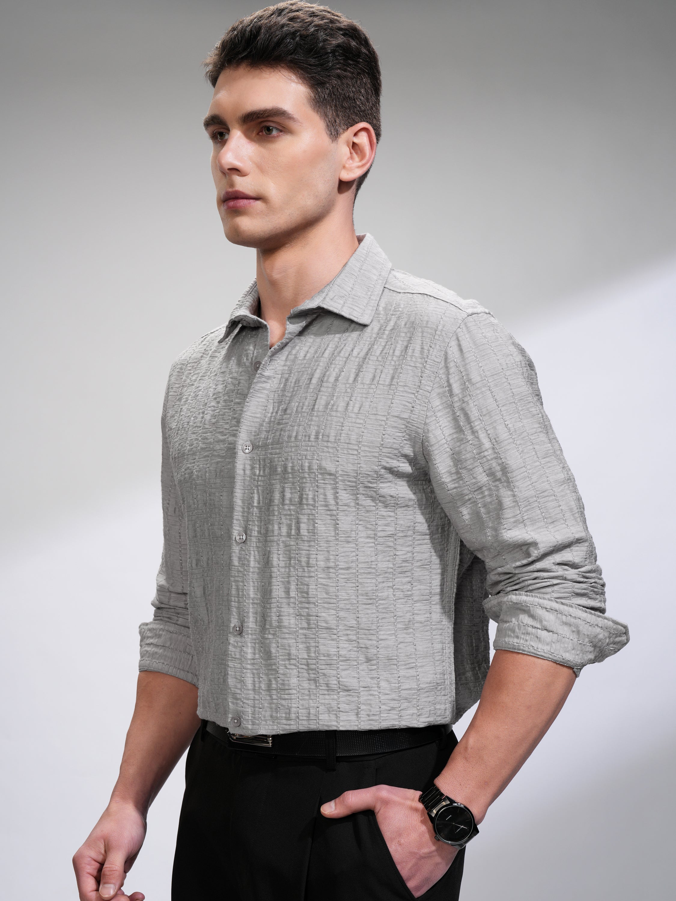 Highlander Men Grey Self Design Slim Fit Casual Shirt - Grey - Image 4