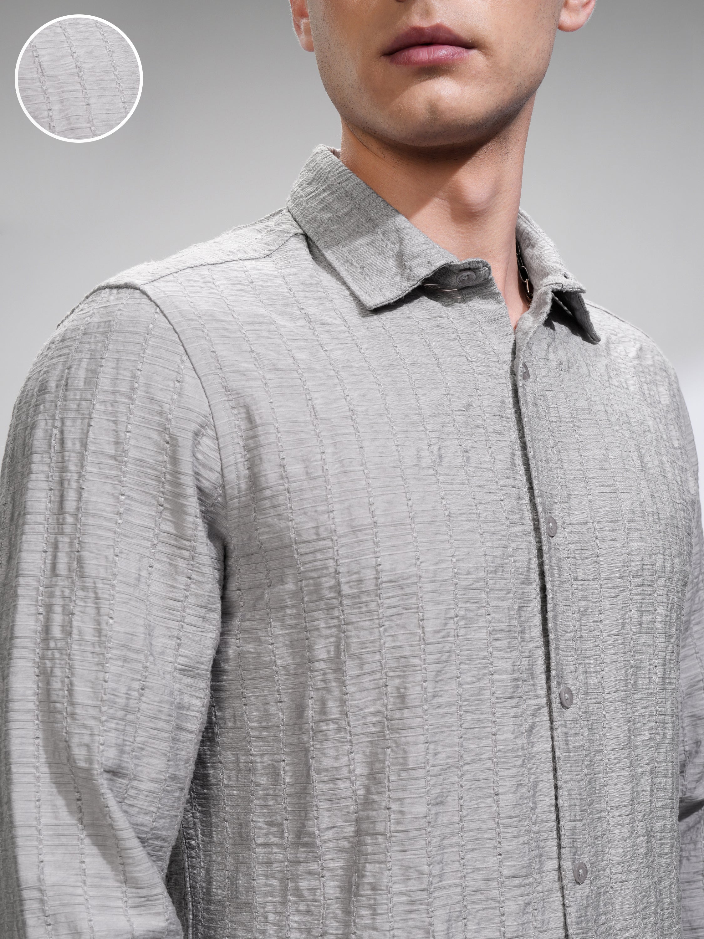 Highlander Men Grey Self Design Slim Fit Casual Shirt - Grey - Image 5