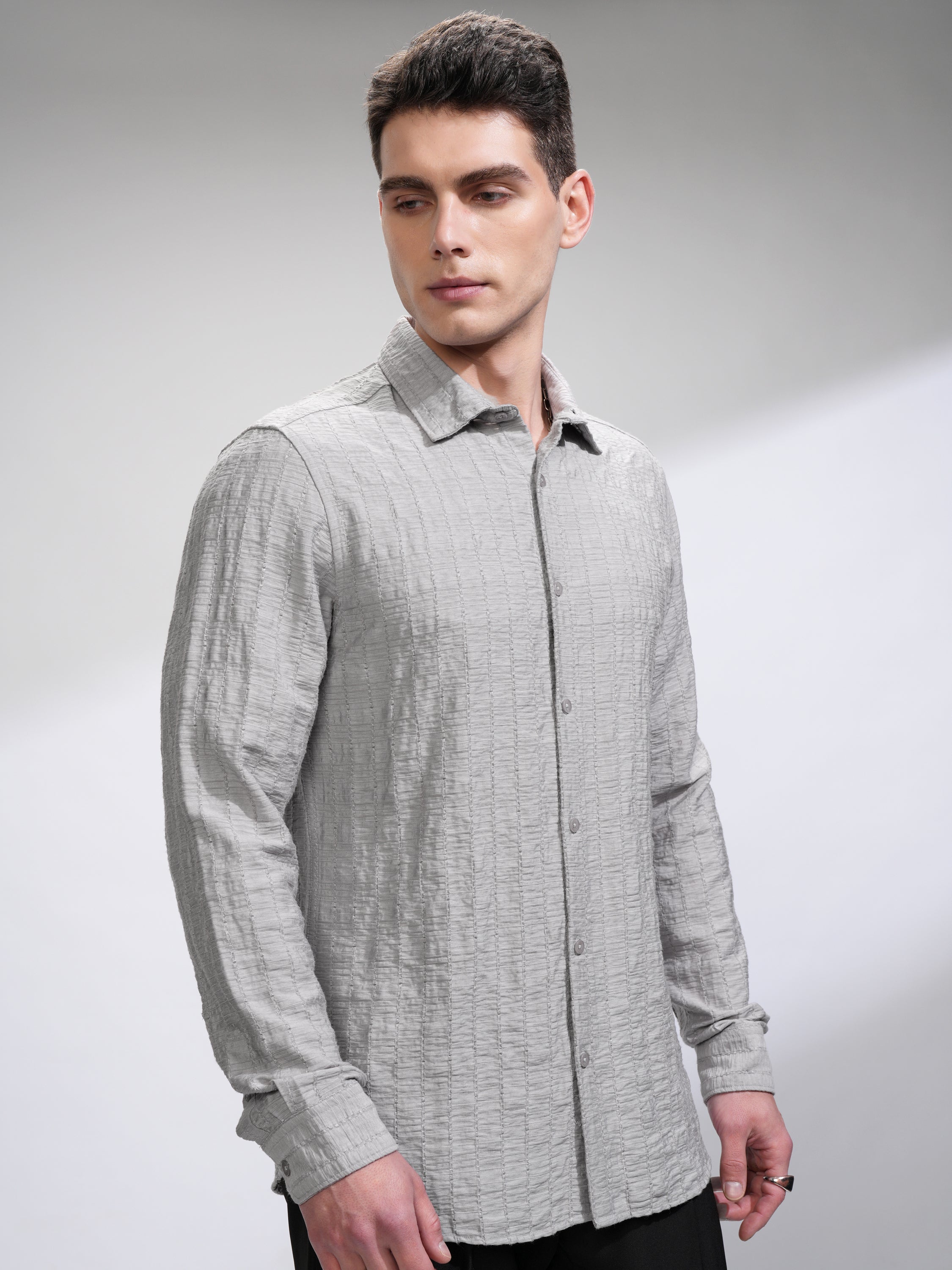 Highlander Men Grey Self Design Slim Fit Casual Shirt - Grey - Image 6