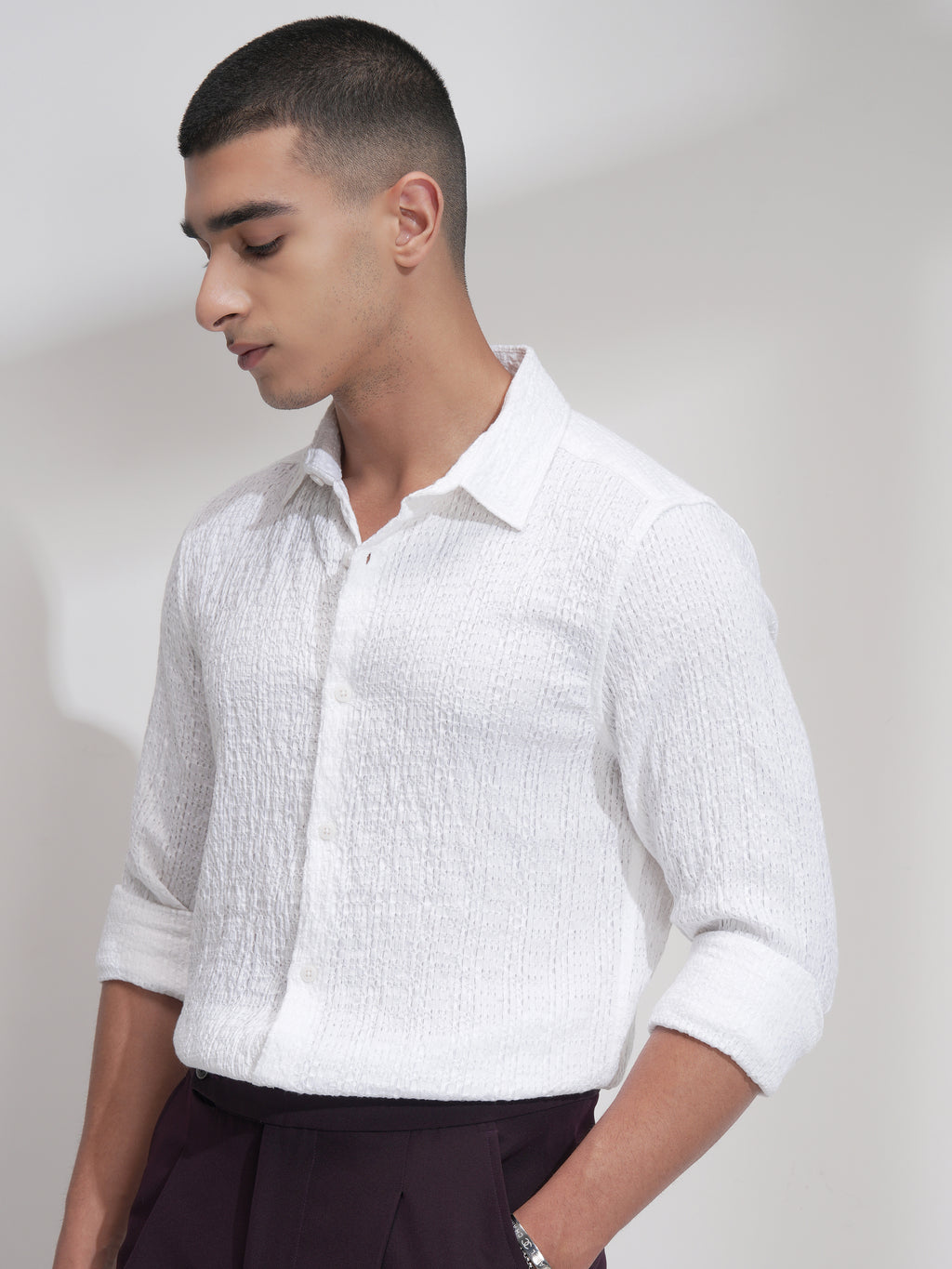 Highlander Men White Self Design Slim Fit Casual Shirt - White - Image 4