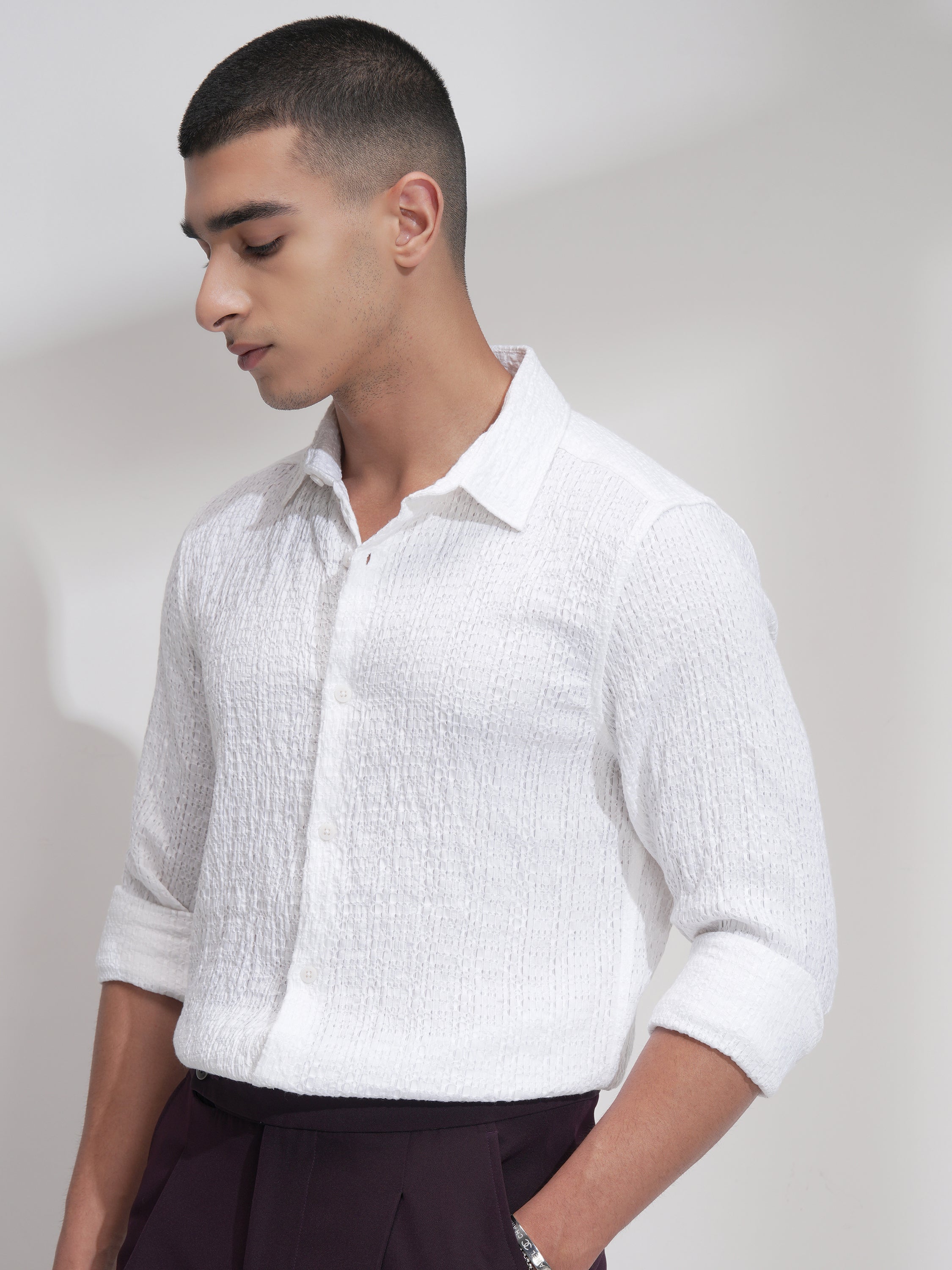 Highlander Men White Self Design Slim Fit Casual Shirt - White - Image 4