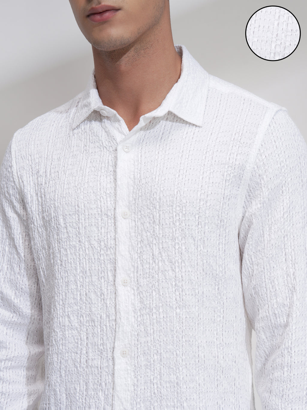 Highlander Men White Self Design Slim Fit Casual Shirt - White - Image 5