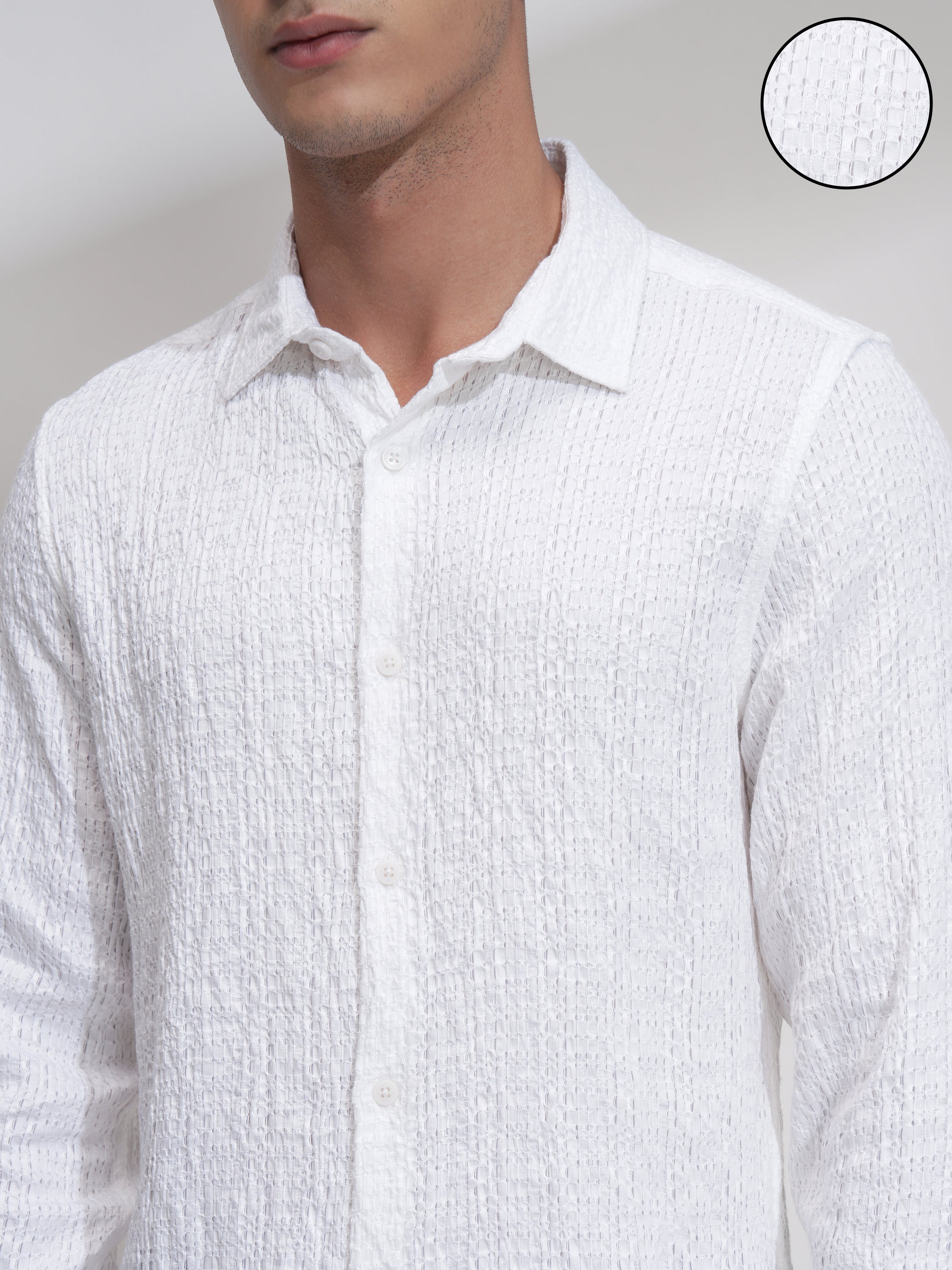 Highlander Men White Self Design Slim Fit Casual Shirt - White - Image 5