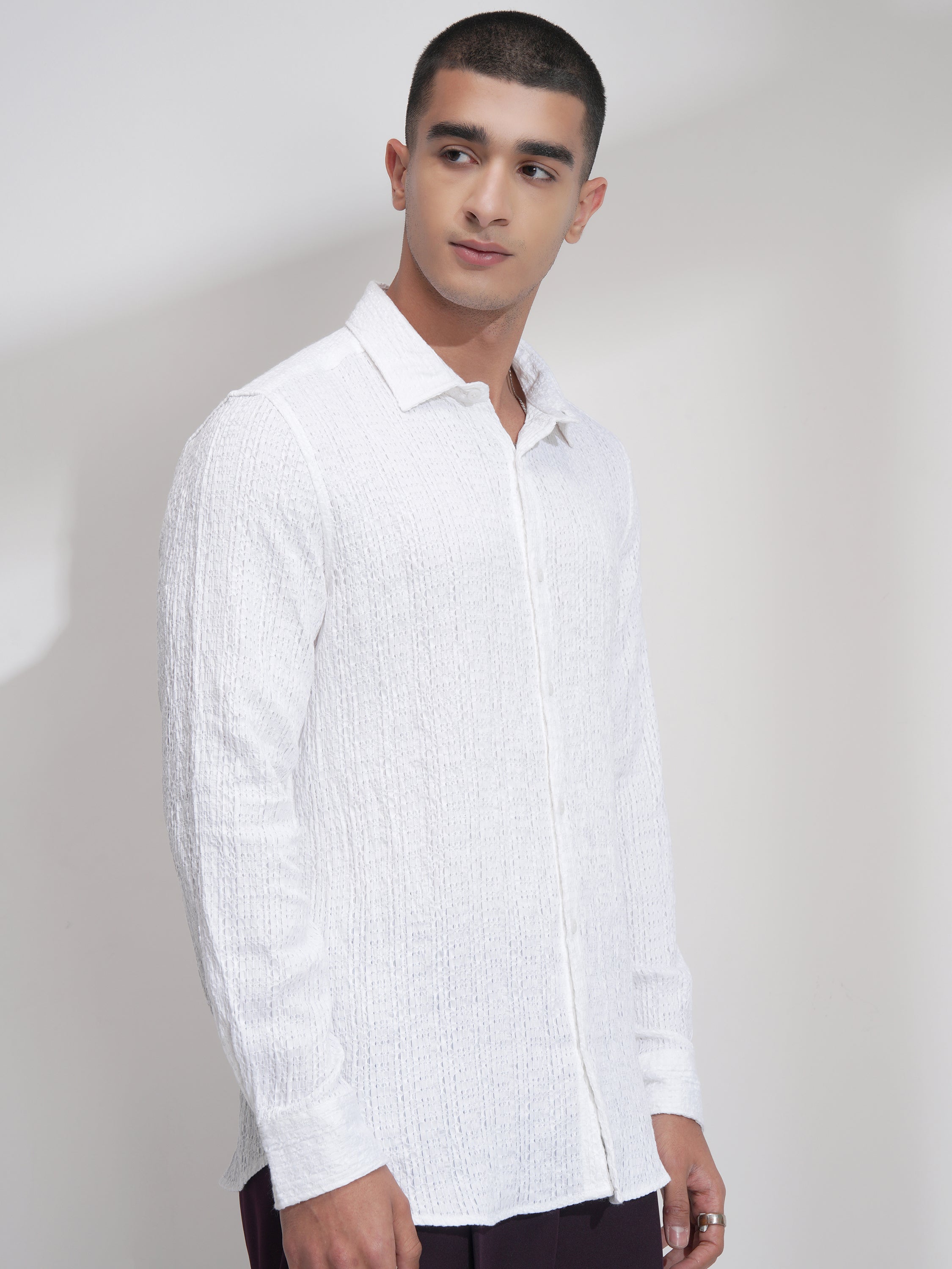 Highlander Men White Self Design Slim Fit Casual Shirt - White - Image 6