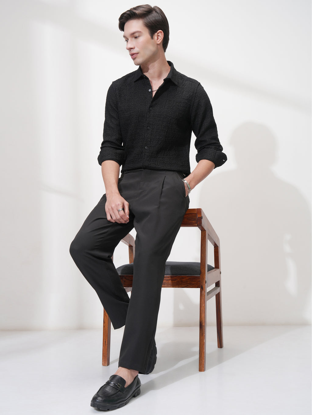 Highlander Men Black Self Design Slim Fit Casual Shirt - Black - Image 2