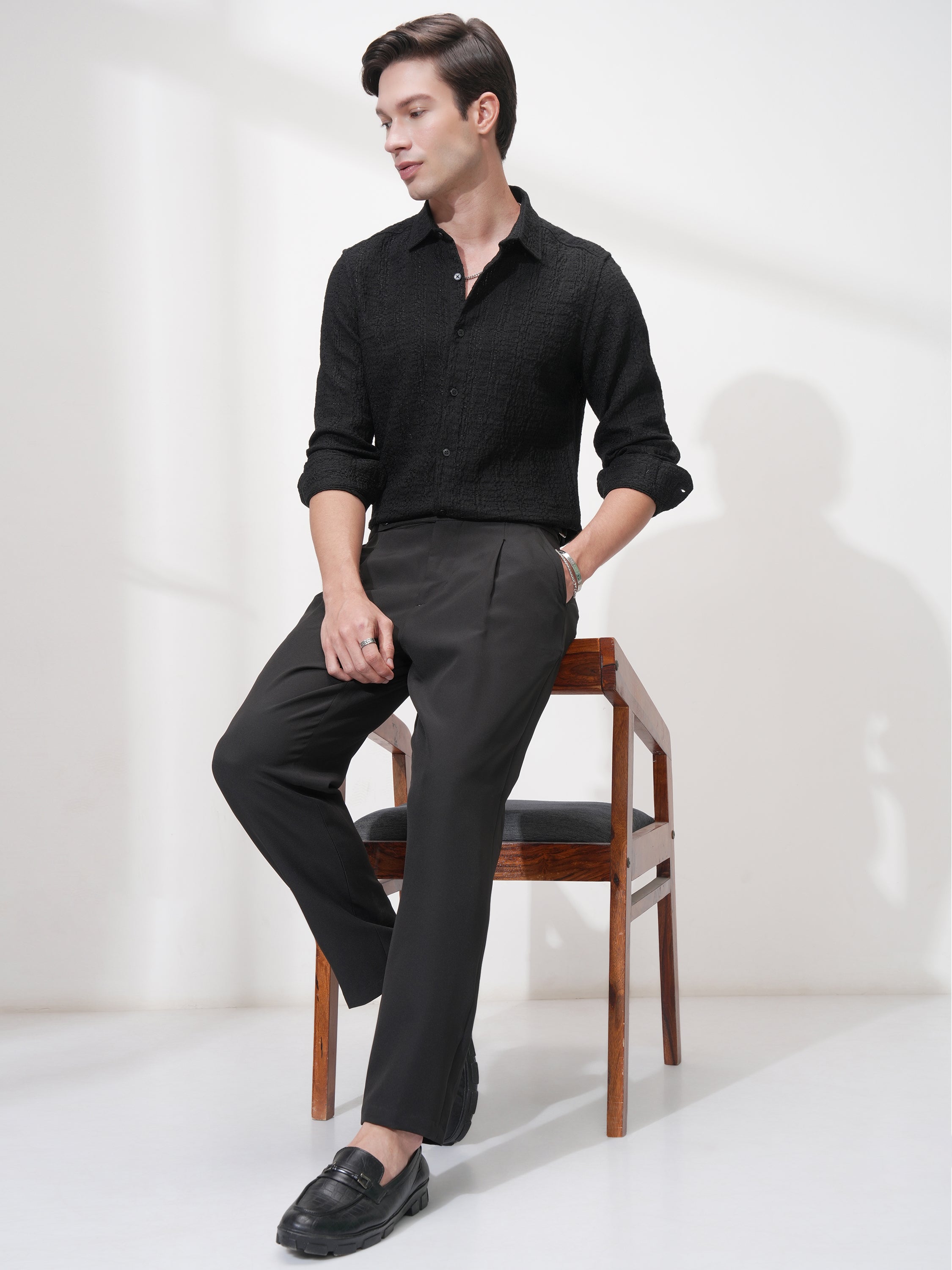 Highlander Men Black Self Design Slim Fit Casual Shirt - Black - Image 2
