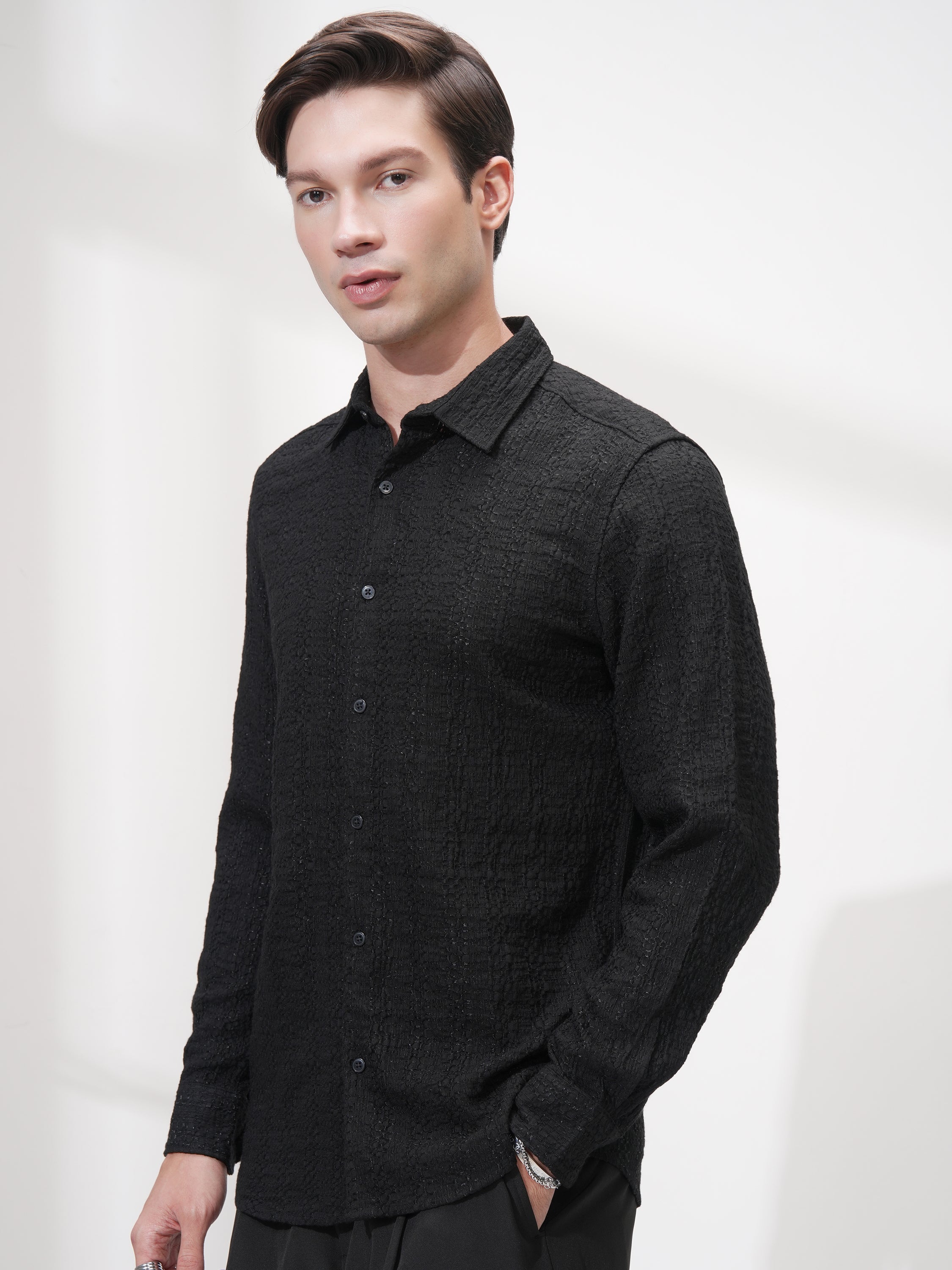 Highlander Men Black Self Design Slim Fit Casual Shirt - Black - Image 4