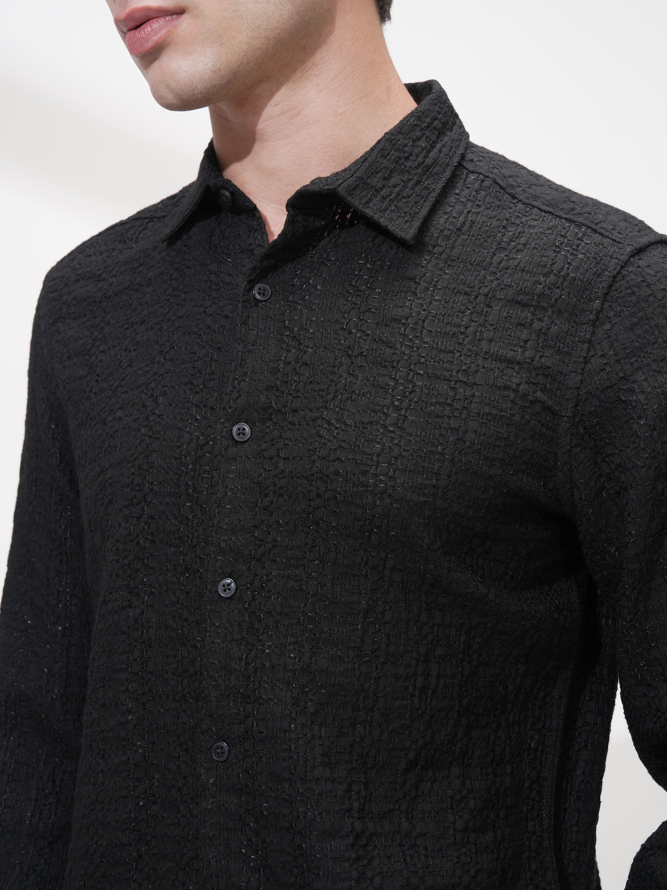 Highlander Men Black Self Design Slim Fit Casual Shirt - Black - Image 5