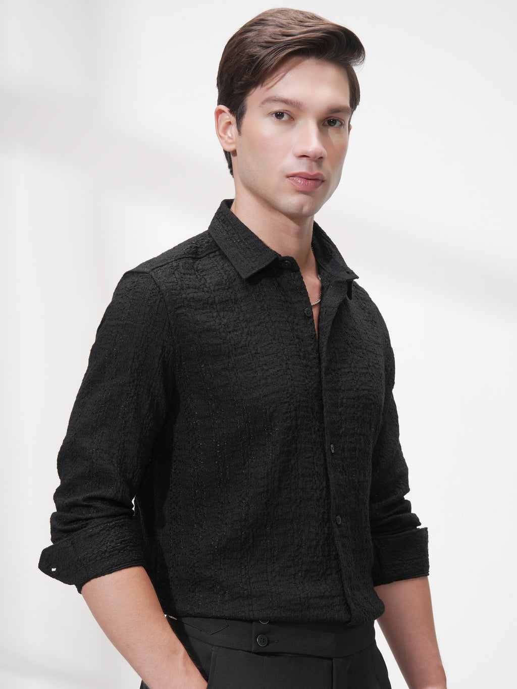 Highlander Men Black Self Design Slim Fit Casual Shirt - Black - Image 6