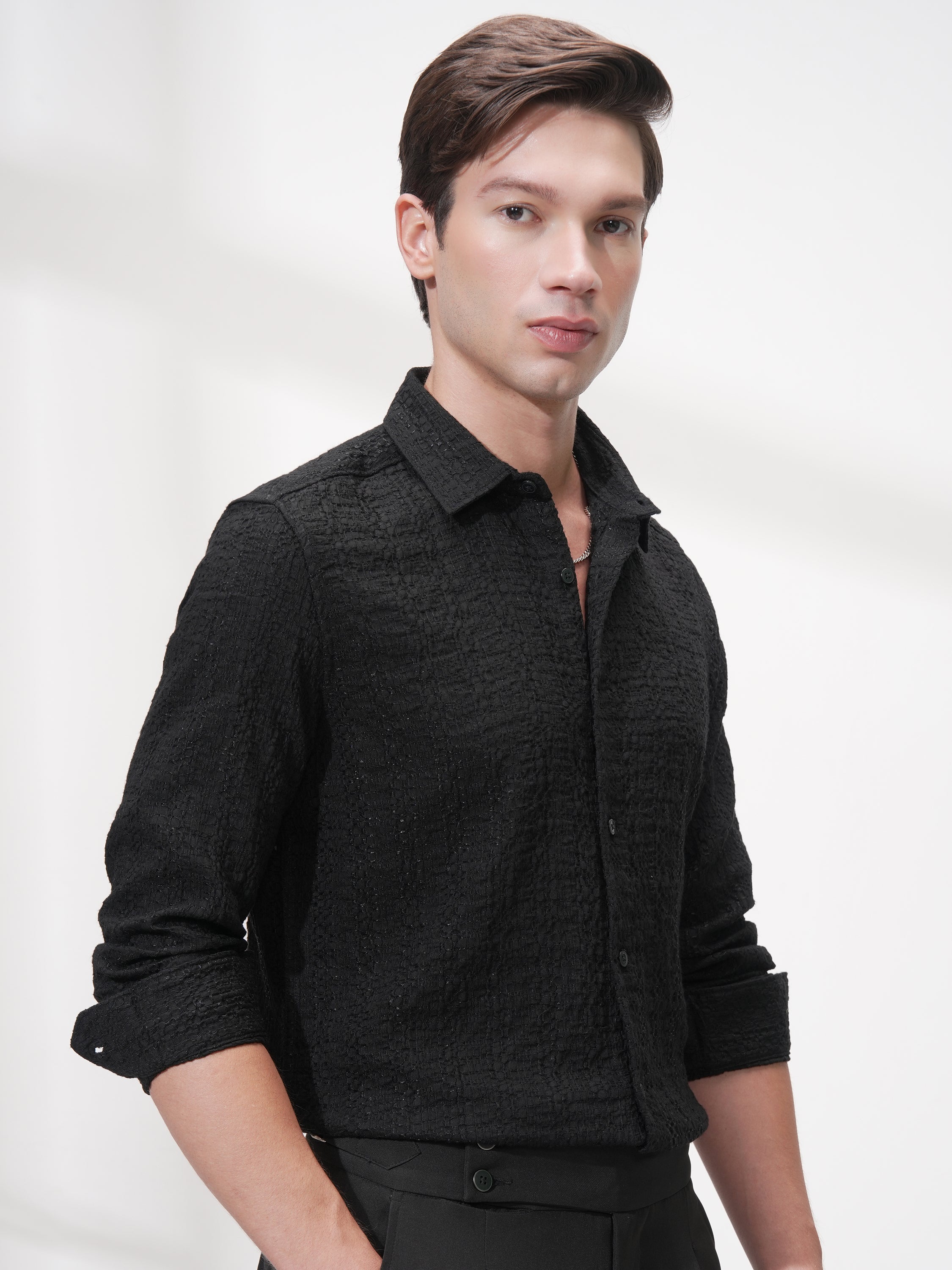 Highlander Men Black Self Design Slim Fit Casual Shirt - Black - Image 6