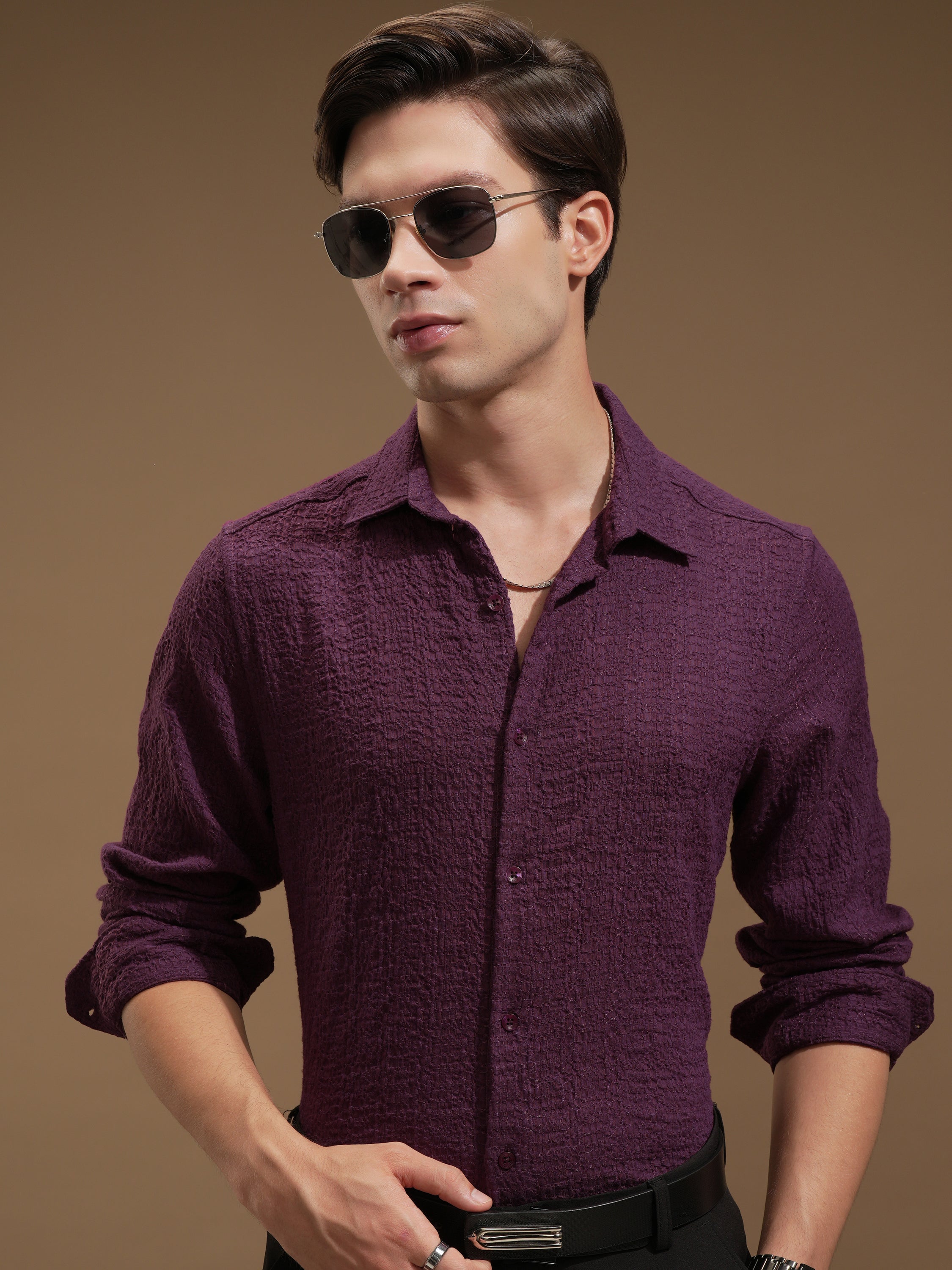 Highlander Men Purple Self Design Slim Fit Casual Shirt - Purple - Image 1