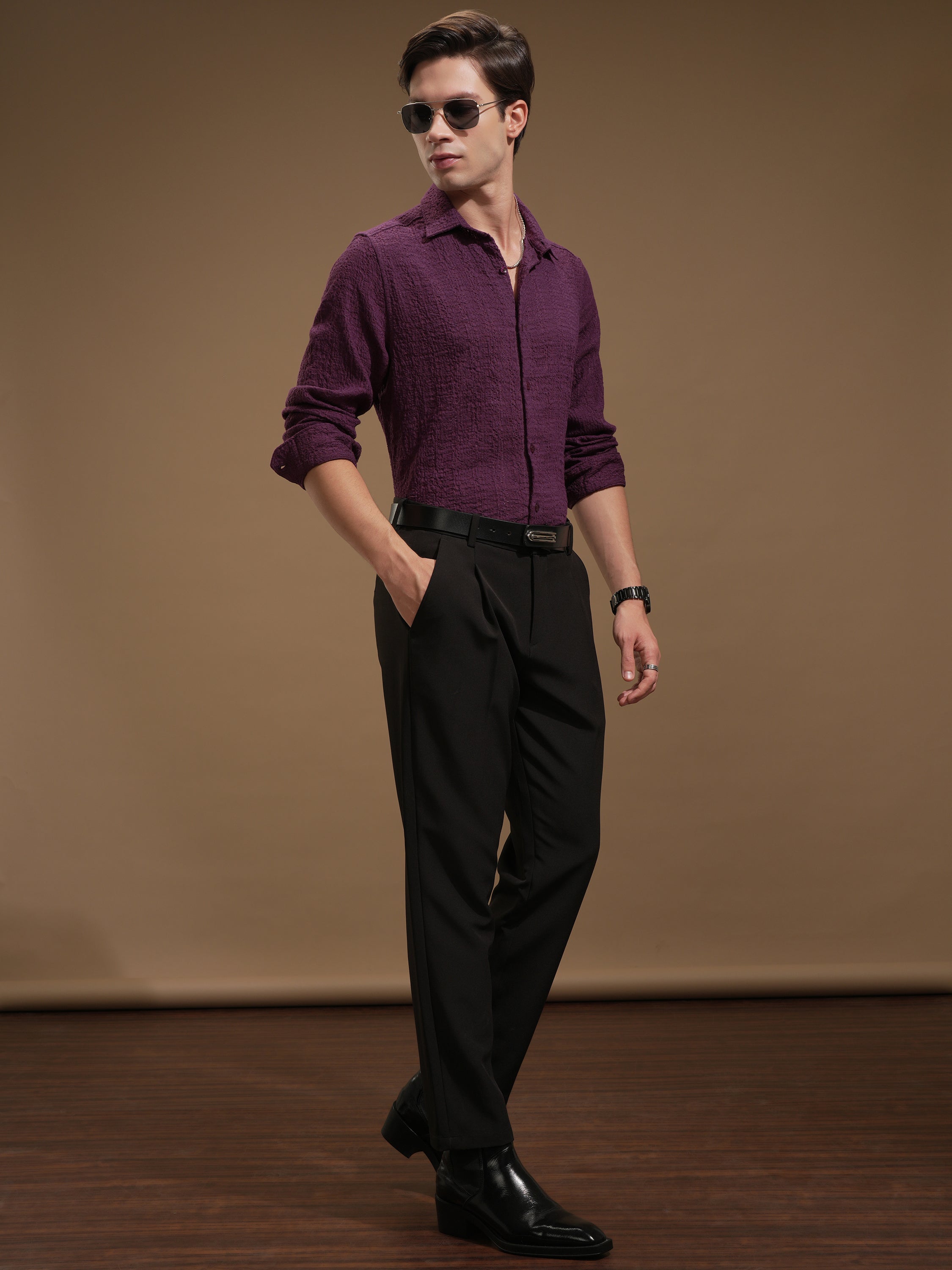 Highlander Men Purple Self Design Slim Fit Casual Shirt - Purple - Image 2