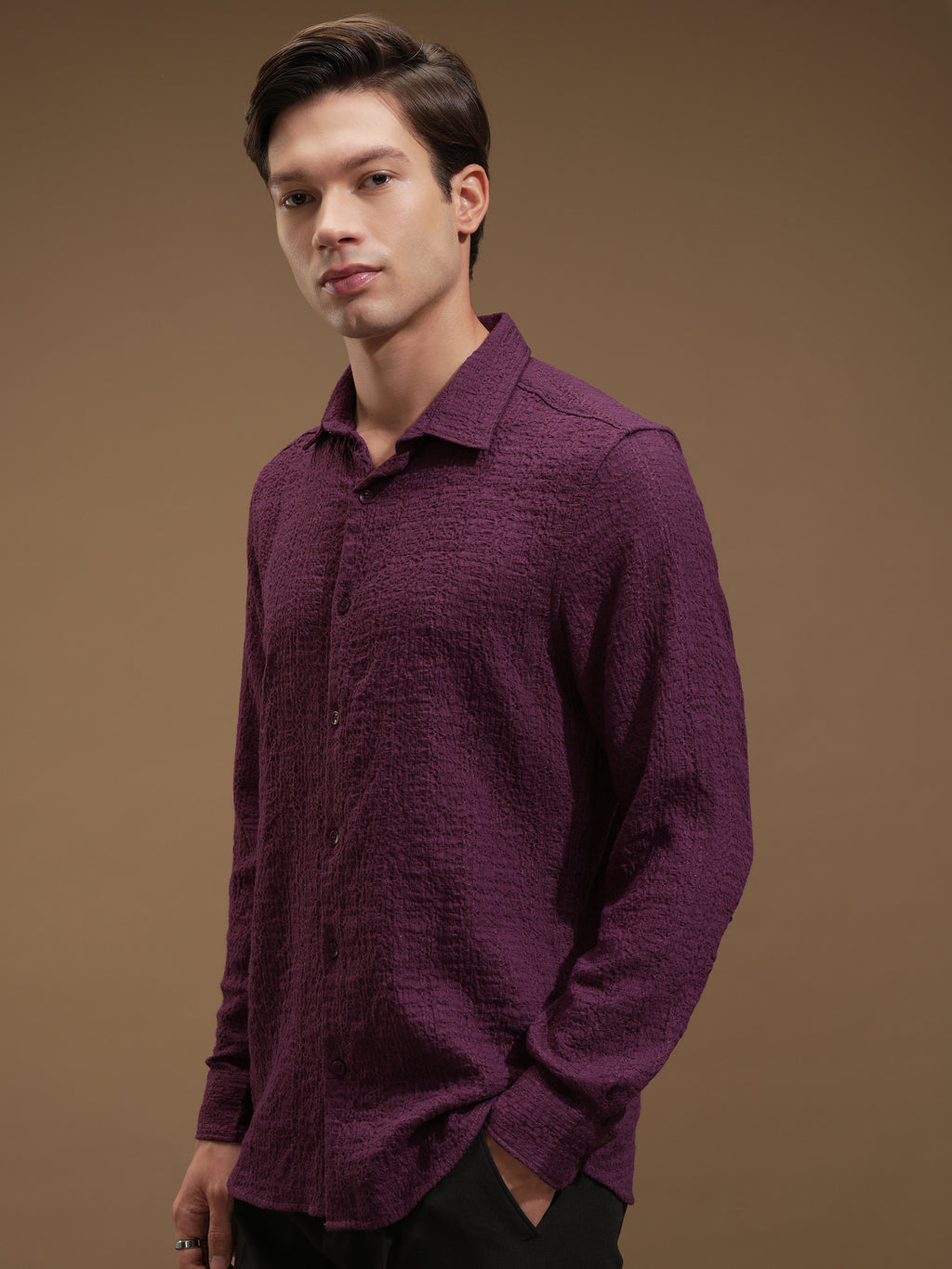 Highlander Men Purple Self Design Slim Fit Casual Shirt - Purple - Image 4