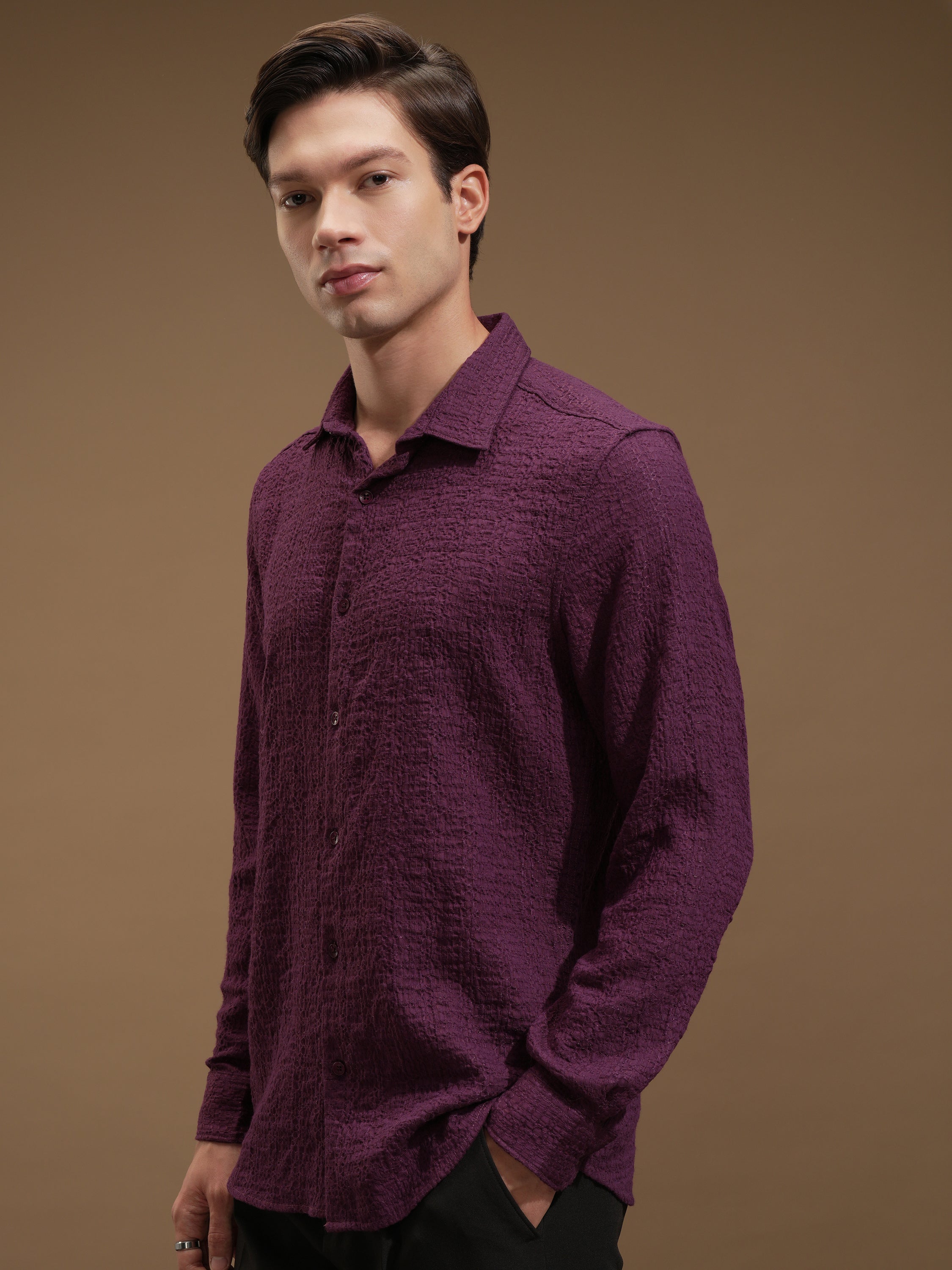 Highlander Men Purple Self Design Slim Fit Casual Shirt - Purple - Image 4