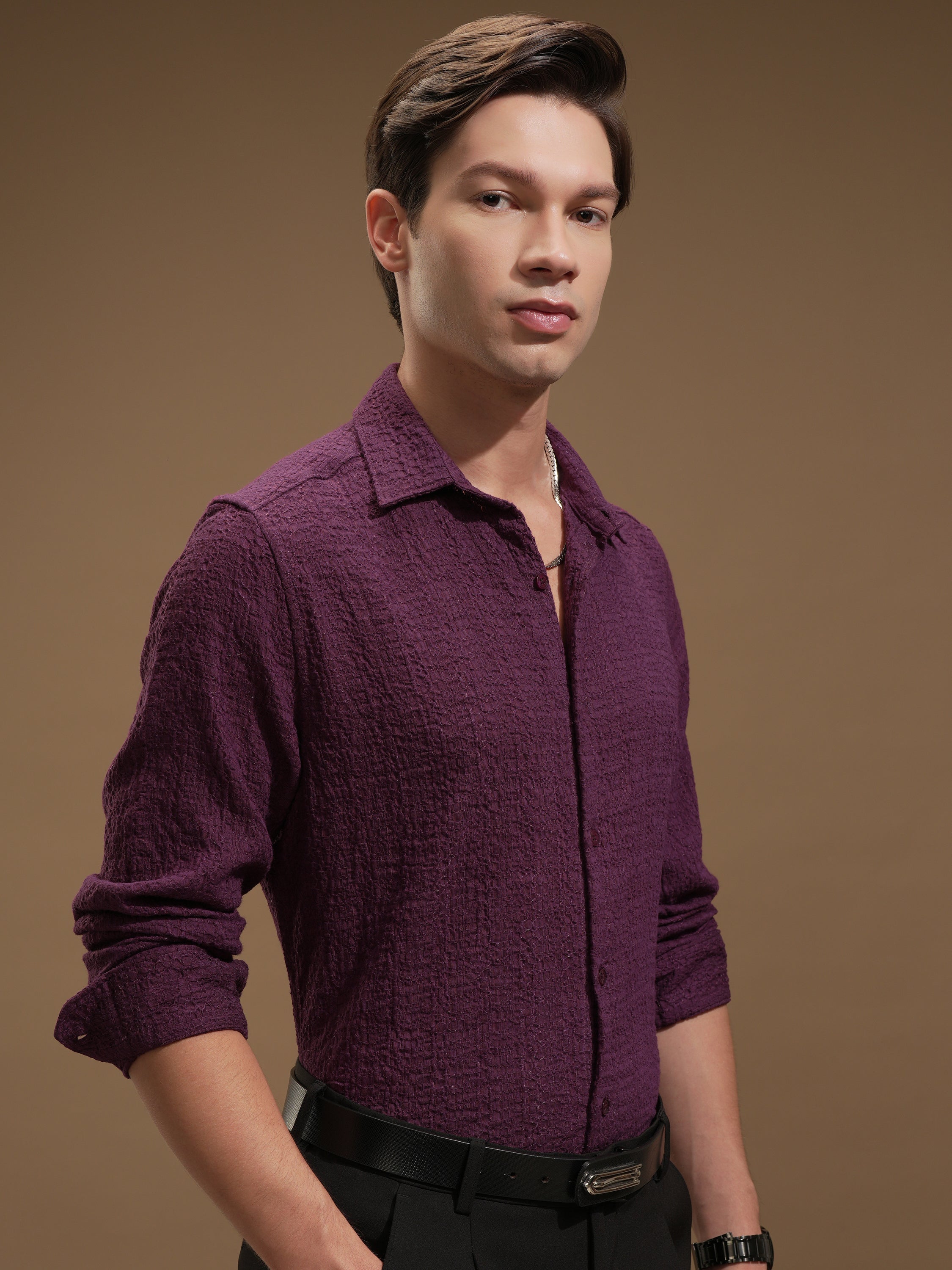 Highlander Men Purple Self Design Slim Fit Casual Shirt - Purple - Image 6