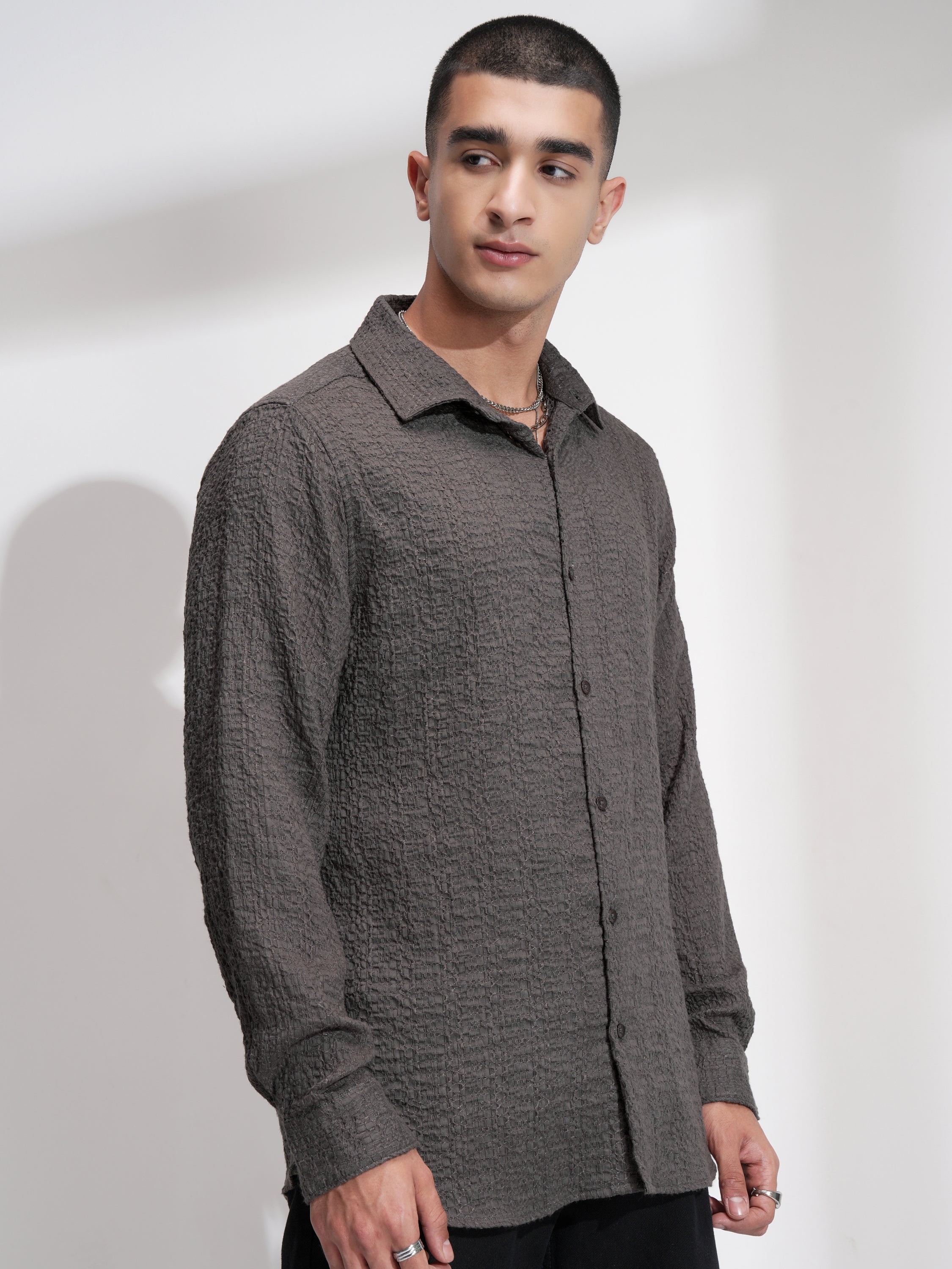 Highlander Men Olive Self Design Slim Fit Casual Shirt - Olive - Image 6