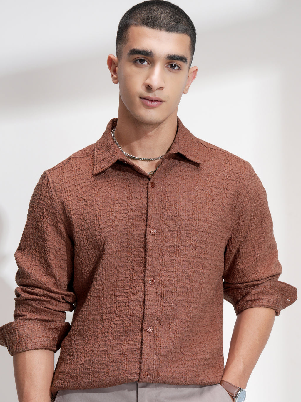 Highlander Men Rust Self Design Slim Fit Casual Shirt - Rust - Image 1