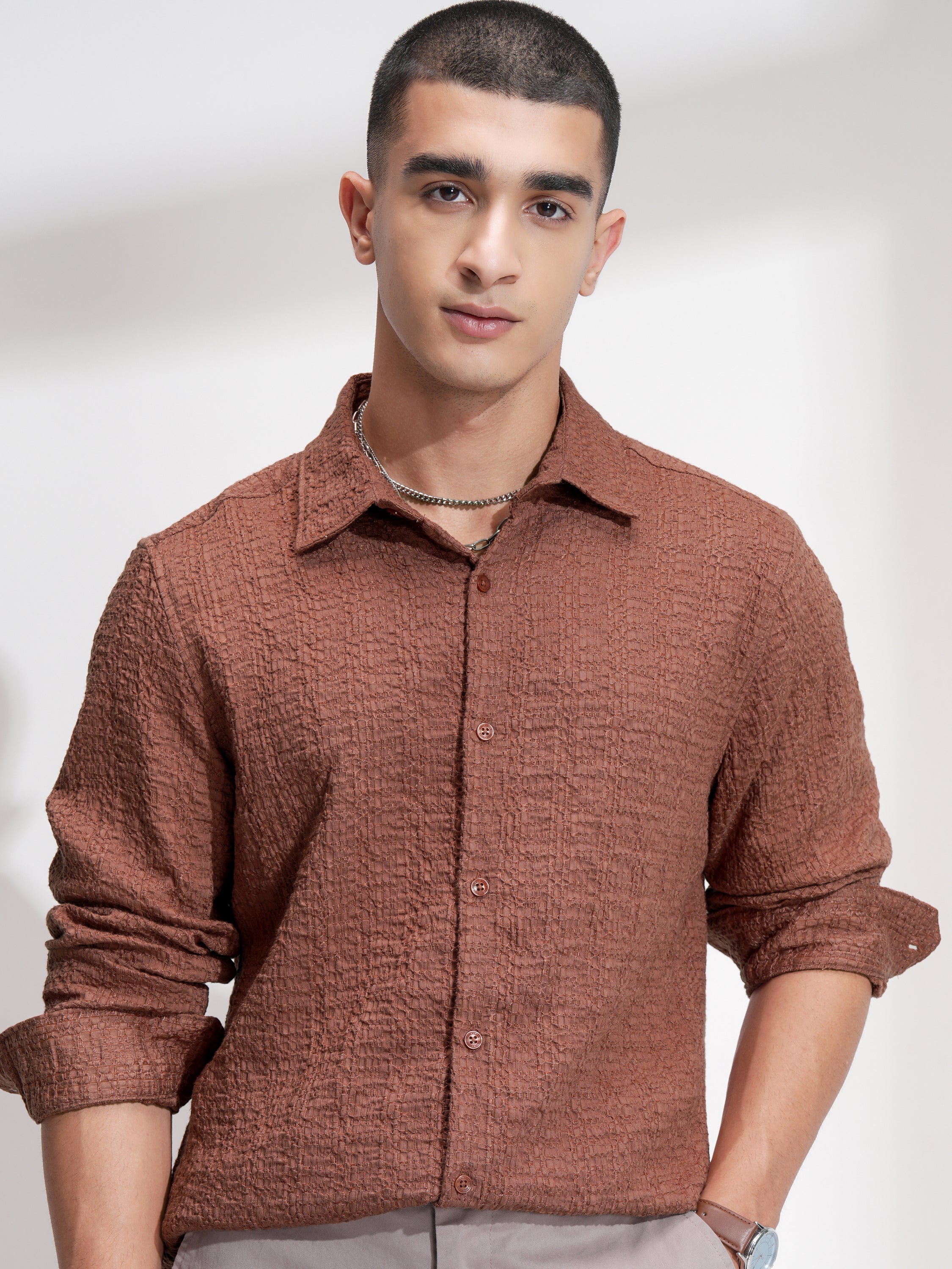 Highlander Men Rust Self Design Slim Fit Casual Shirt - Rust - Image 1
