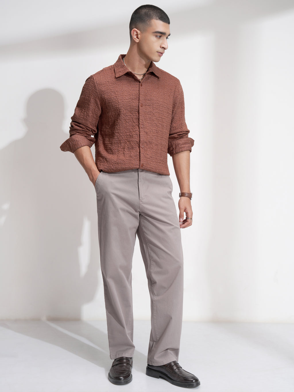 Highlander Men Rust Self Design Slim Fit Casual Shirt - Rust - Image 2