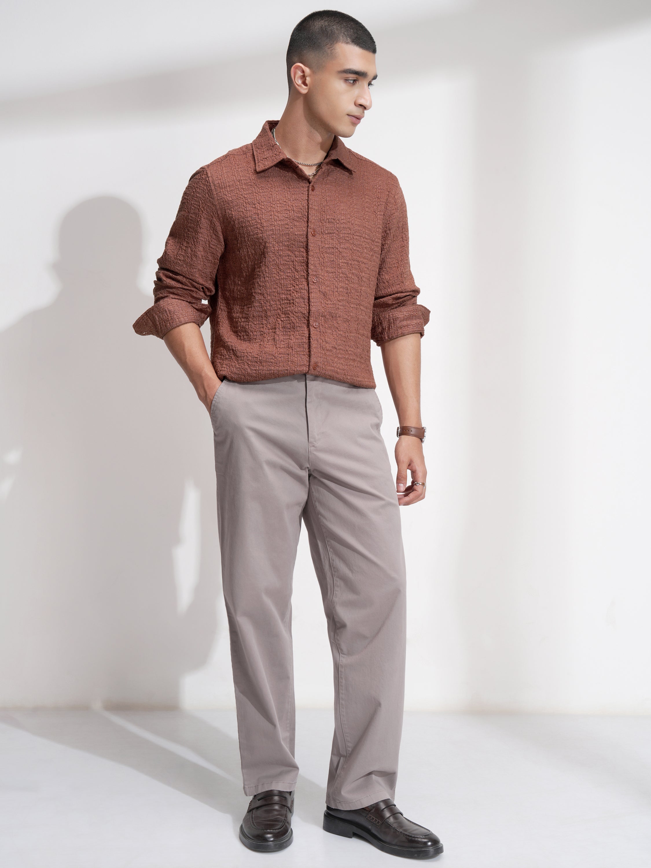 Highlander Men Rust Self Design Slim Fit Casual Shirt - Rust - Image 2