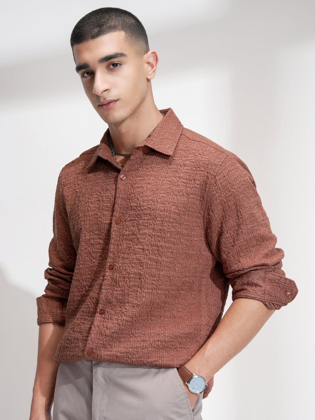 Highlander Men Rust Self Design Slim Fit Casual Shirt - Rust - Image 4