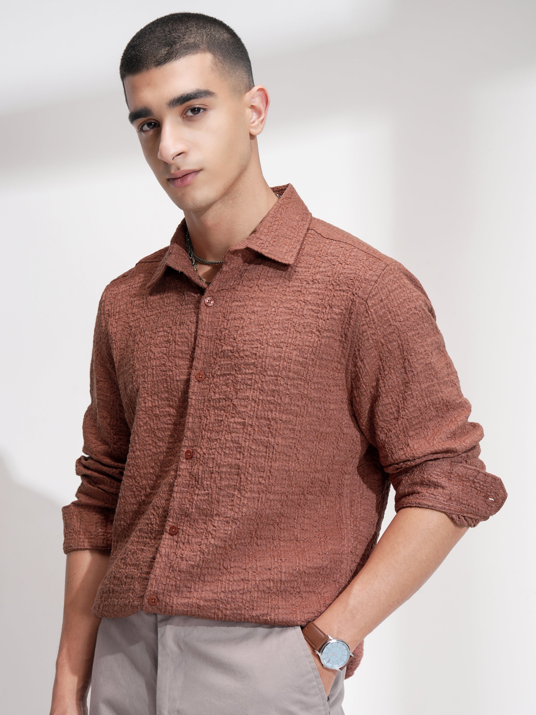 Highlander Men Rust Self Design Slim Fit Casual Shirt - Rust - Image 4