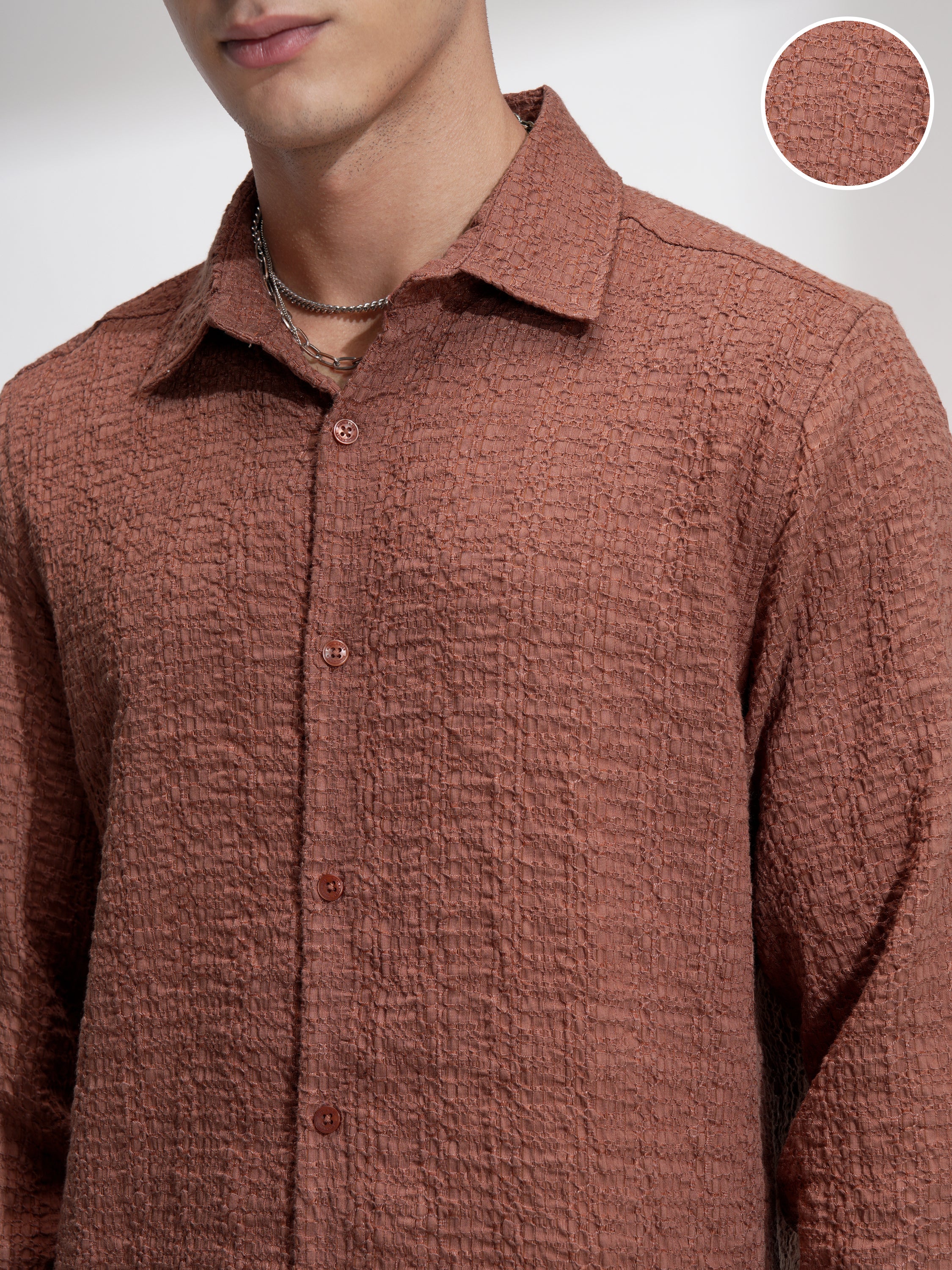 Highlander Men Rust Self Design Slim Fit Casual Shirt - Rust - Image 5