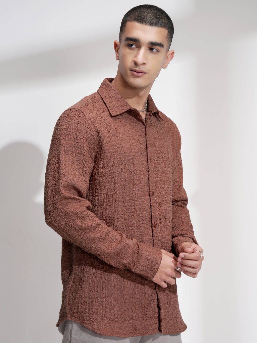 Highlander Men Rust Self Design Slim Fit Casual Shirt - Rust - Image 6