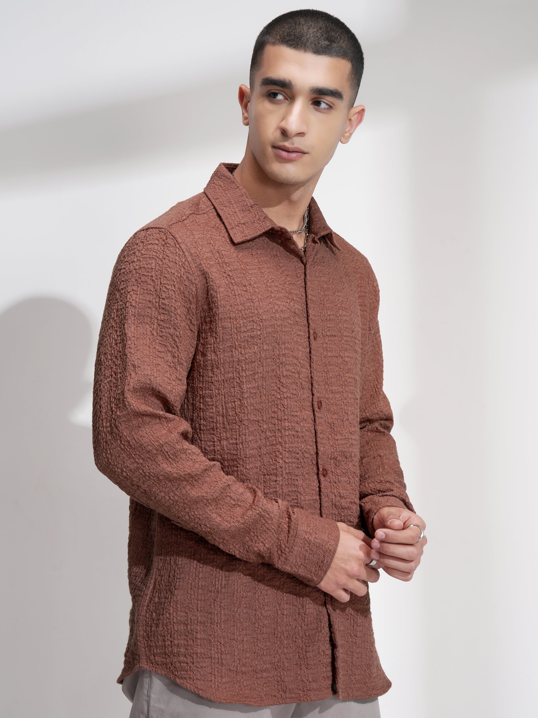 Highlander Men Rust Self Design Slim Fit Casual Shirt - Rust - Image 6