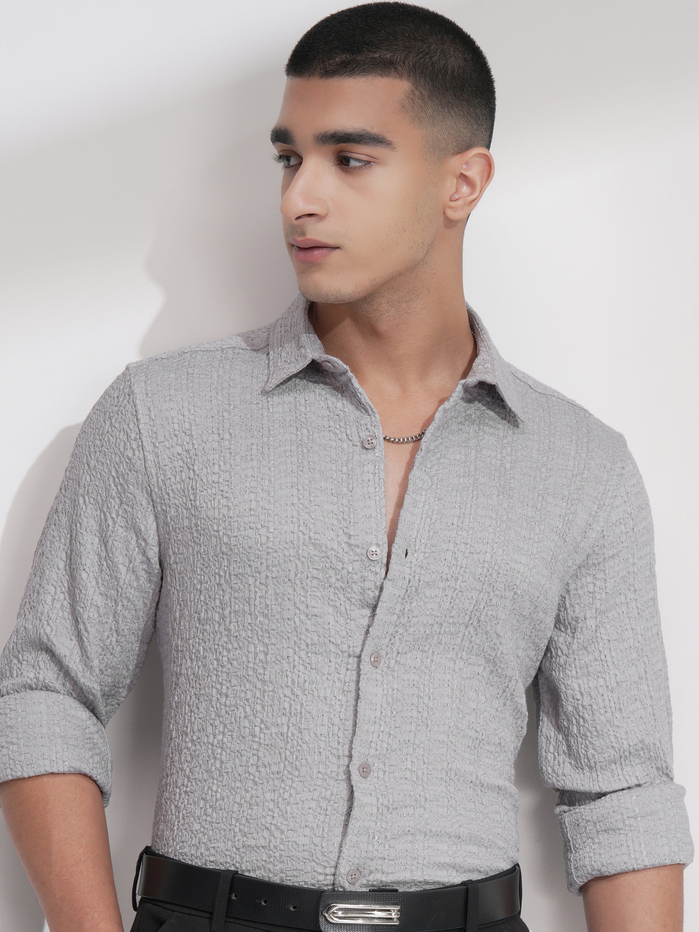 Highlander Men Grey Self Design Slim Fit Casual Shirt - Grey - Image 1