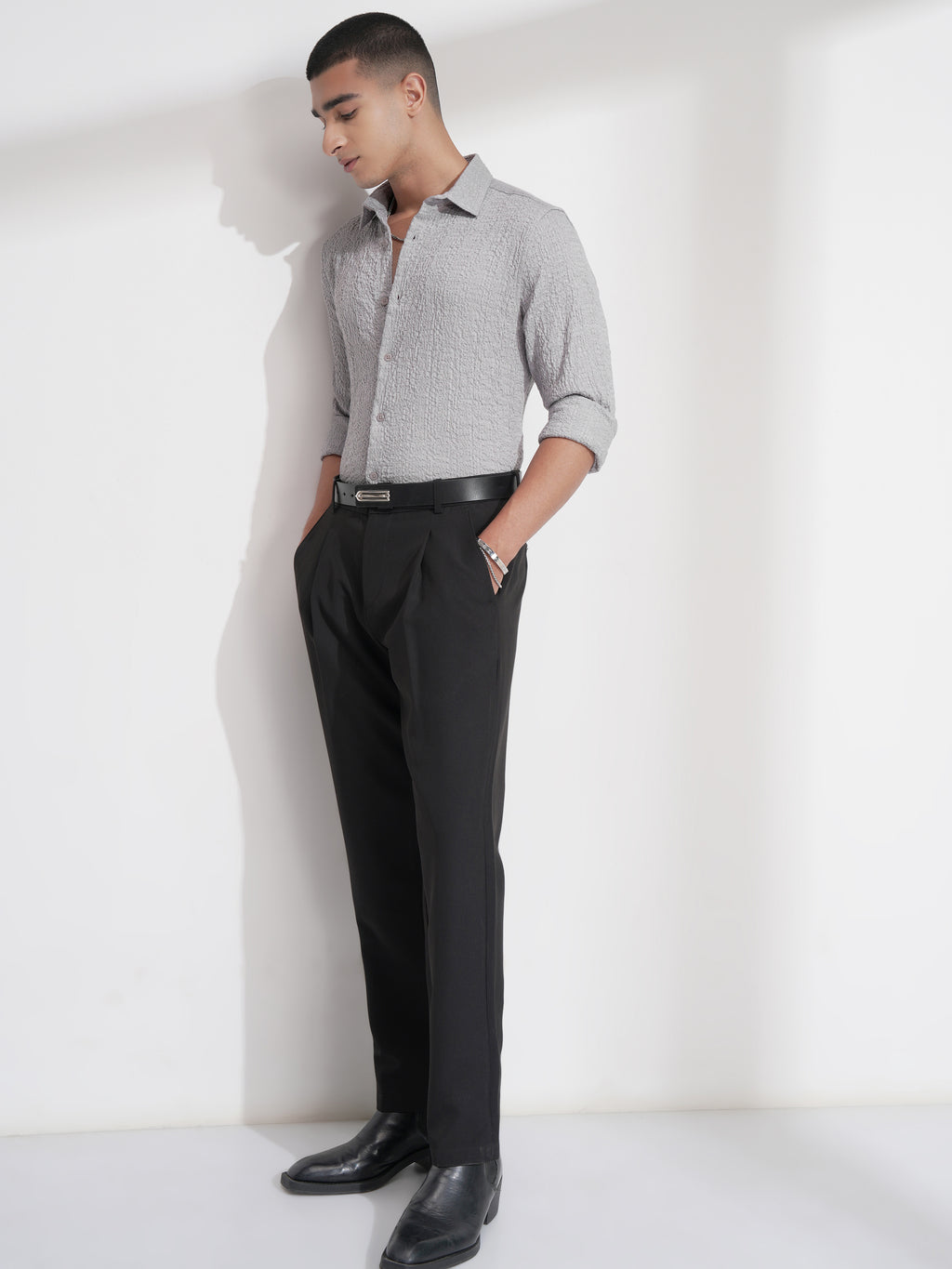 Highlander Men Grey Self Design Slim Fit Casual Shirt - Grey - Image 2