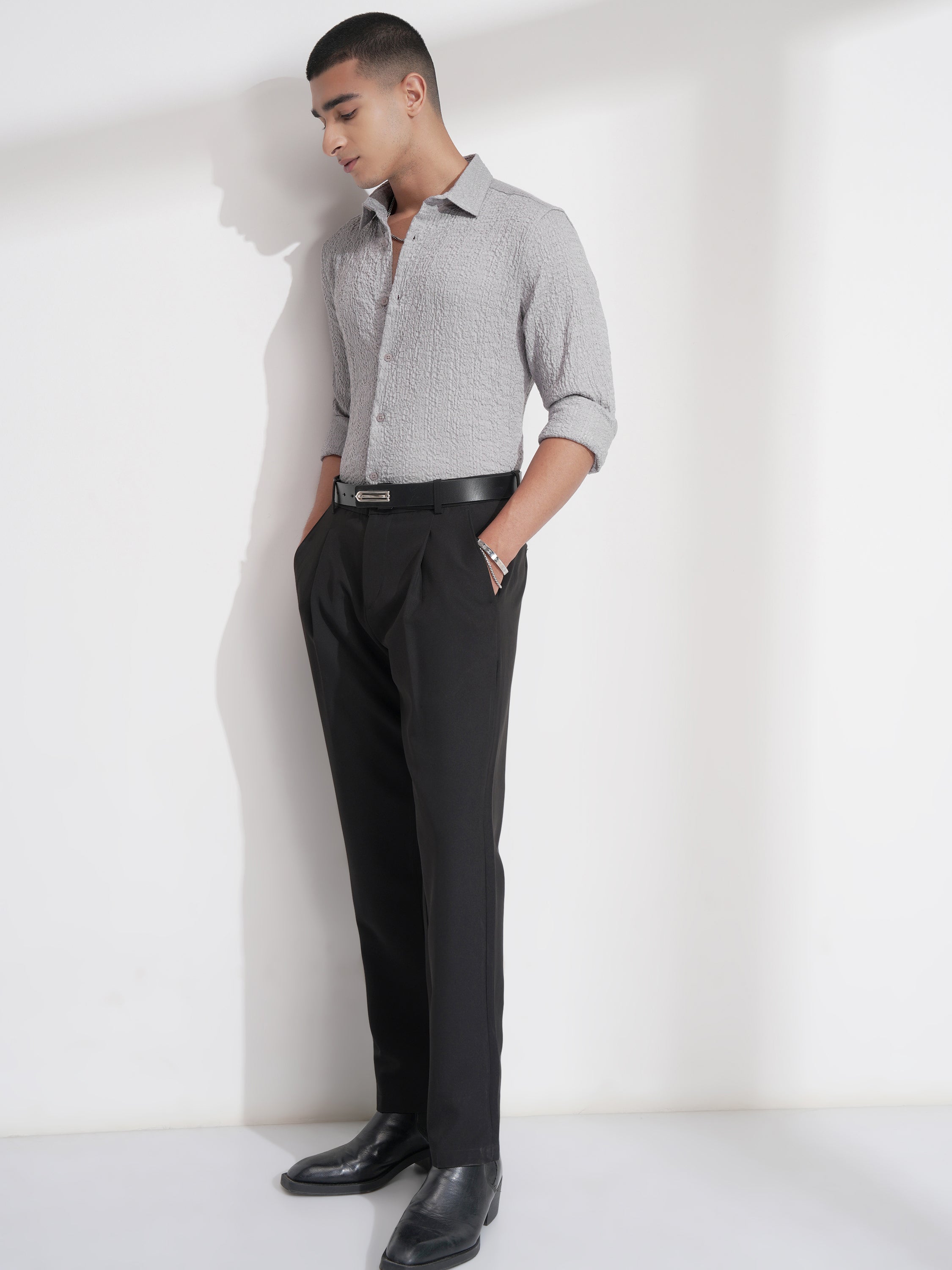 Highlander Men Grey Self Design Slim Fit Casual Shirt - Grey - Image 2
