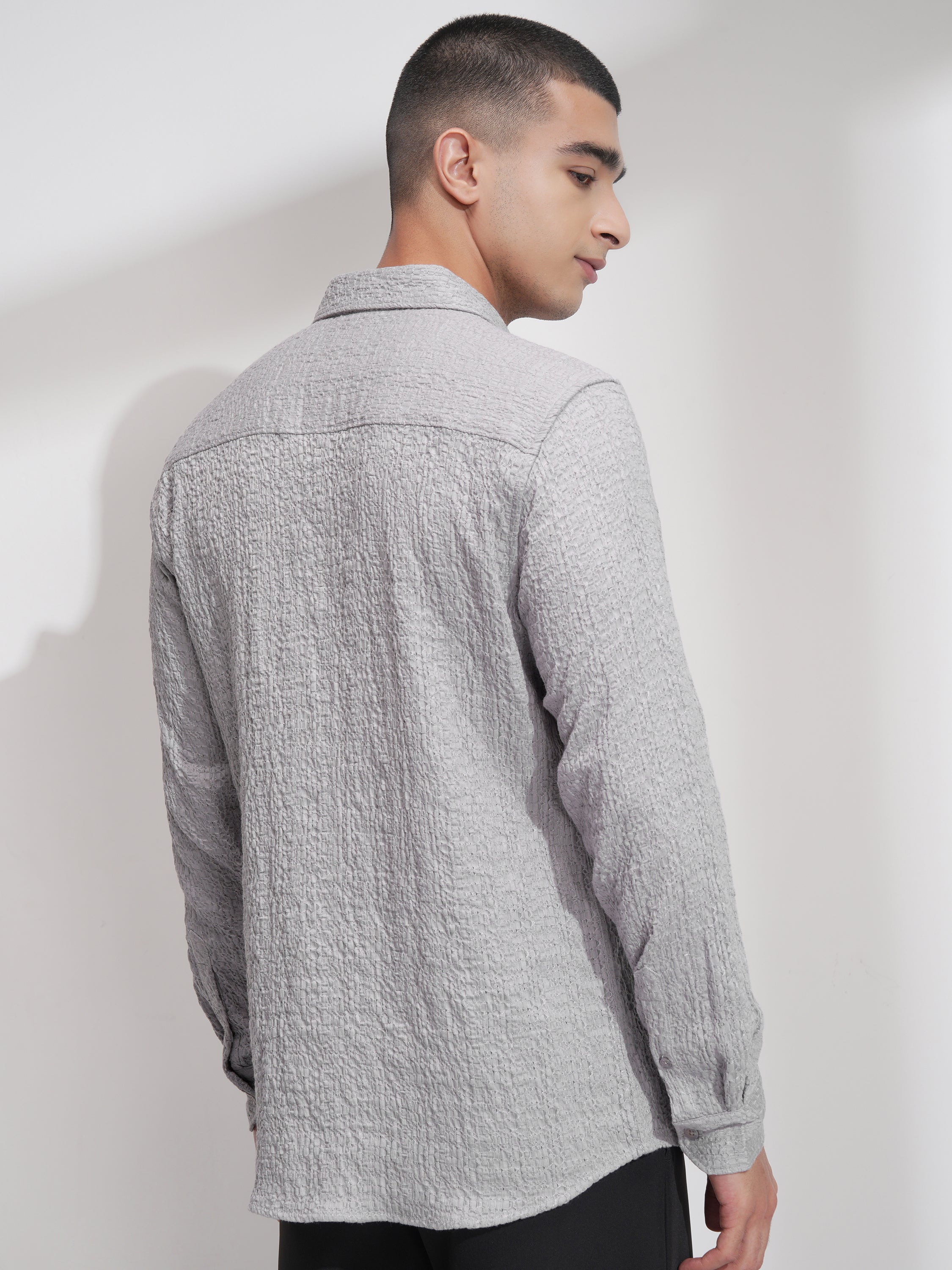 Highlander Men Grey Self Design Slim Fit Casual Shirt - Grey - Image 3