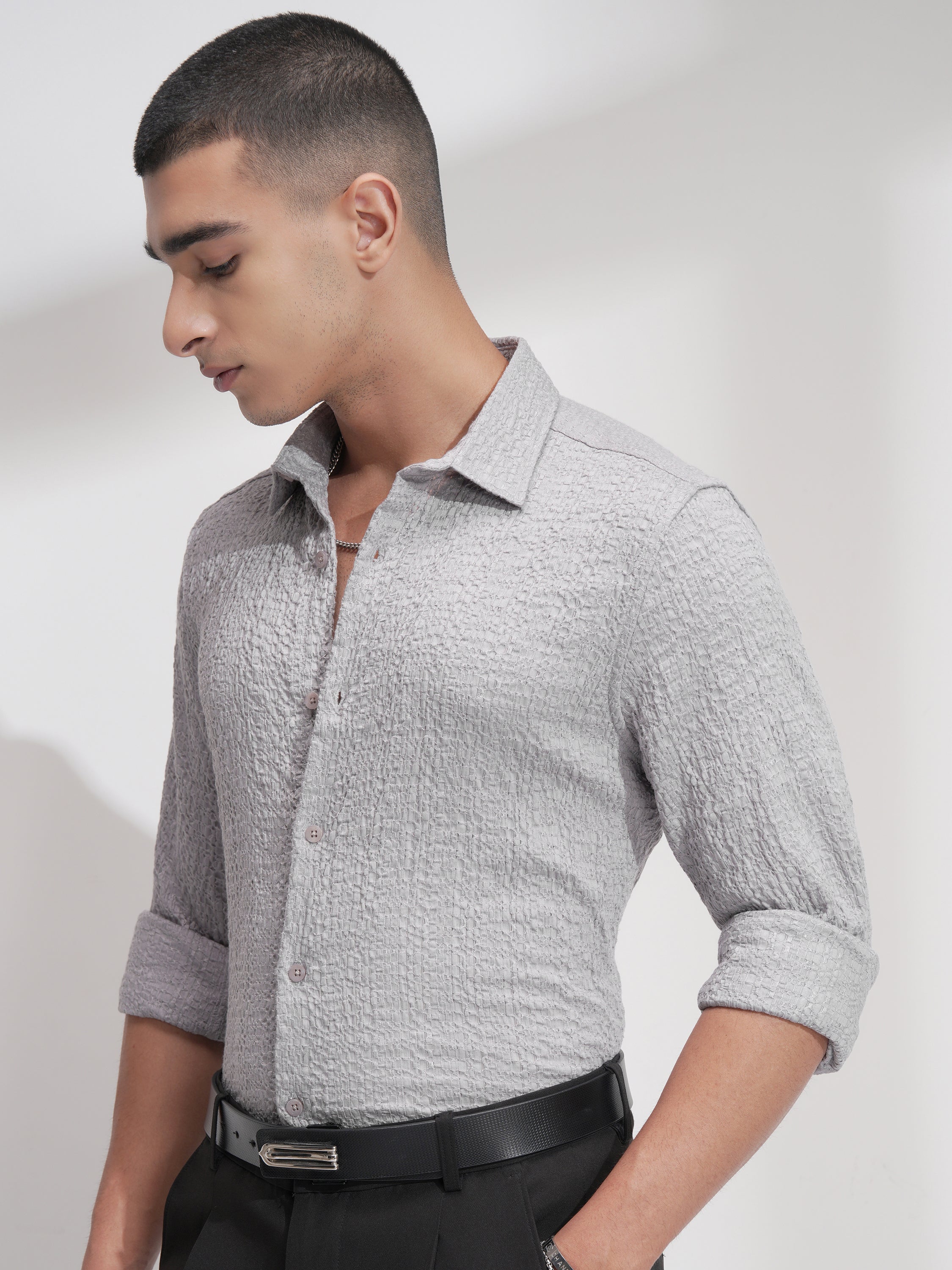 Highlander Men Grey Self Design Slim Fit Casual Shirt - Grey - Image 4