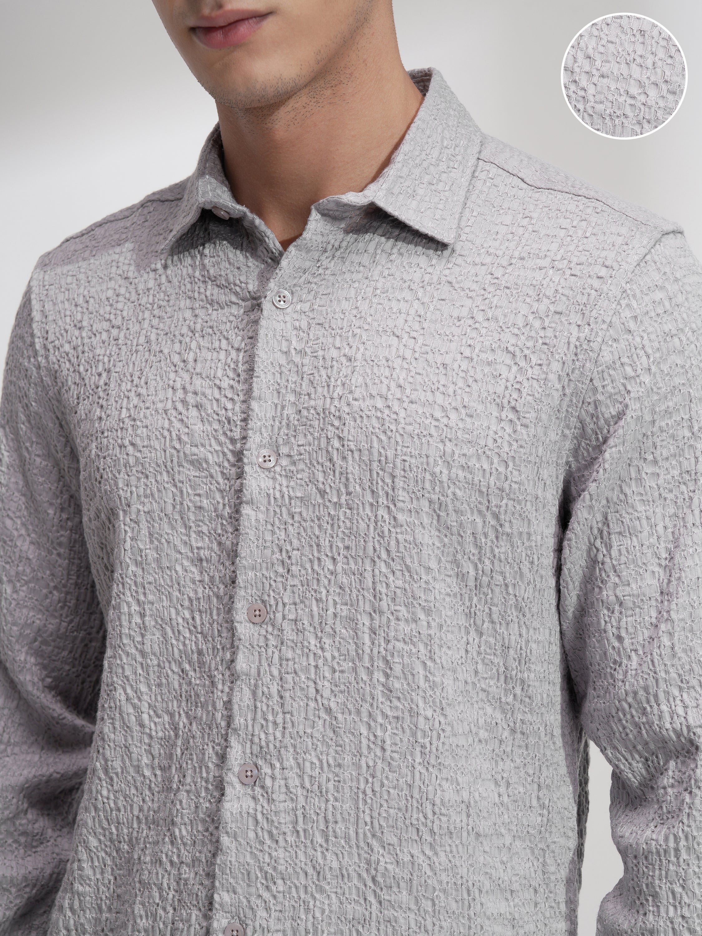 Highlander Men Grey Self Design Slim Fit Casual Shirt - Grey - Image 5