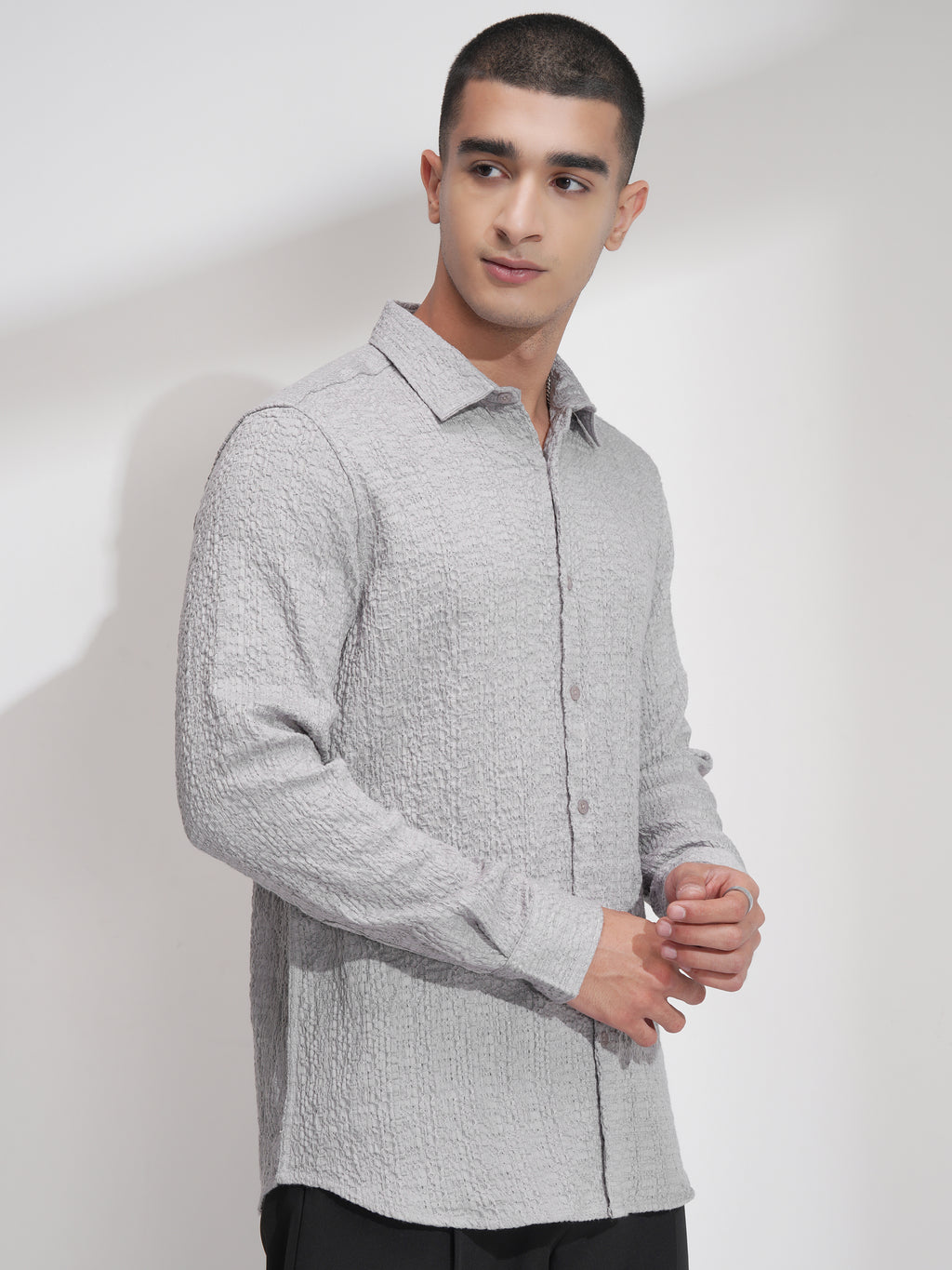 Highlander Men Grey Self Design Slim Fit Casual Shirt - Grey - Image 6