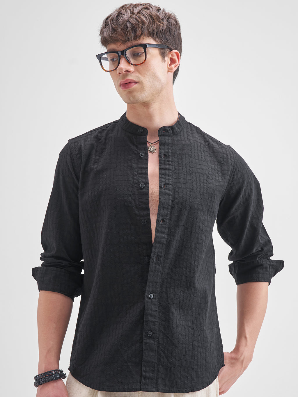 Highlander Men Black Self Design Slim Fit Casual Shirt - Black - Image 1