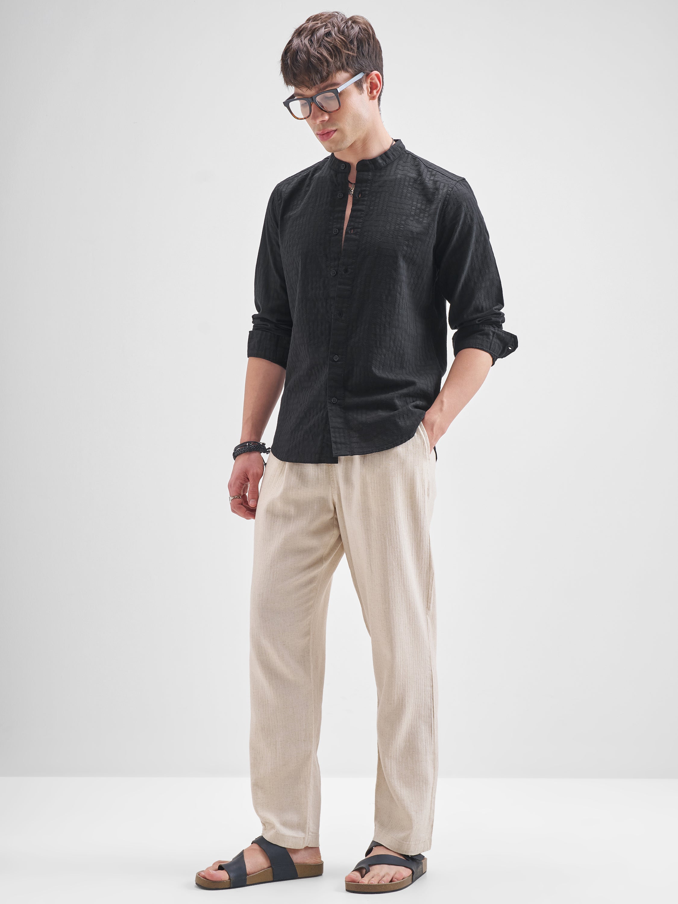 Highlander Men Black Self Design Slim Fit Casual Shirt - Black - Image 2