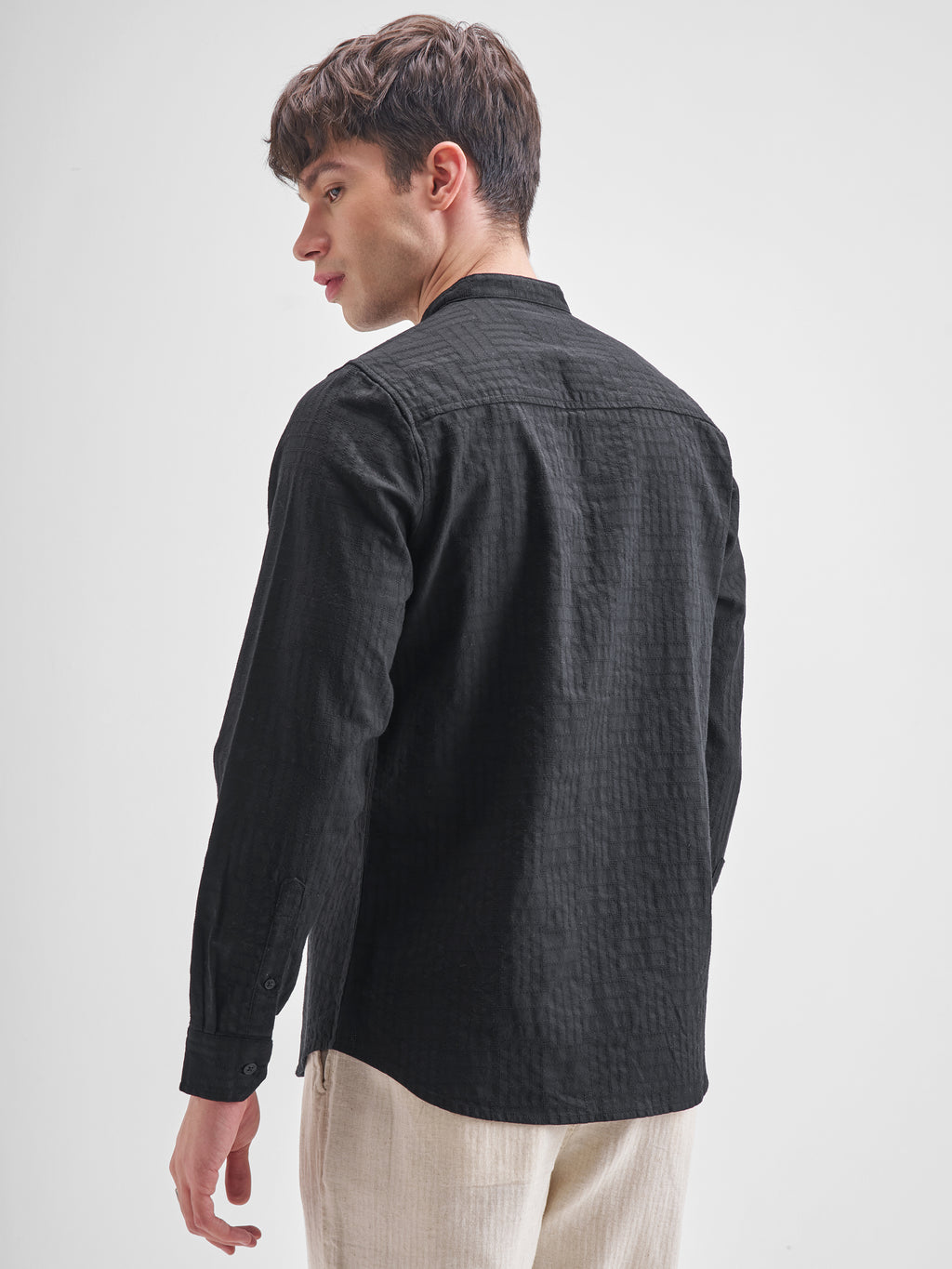 Highlander Men Black Self Design Slim Fit Casual Shirt - Black - Image 3
