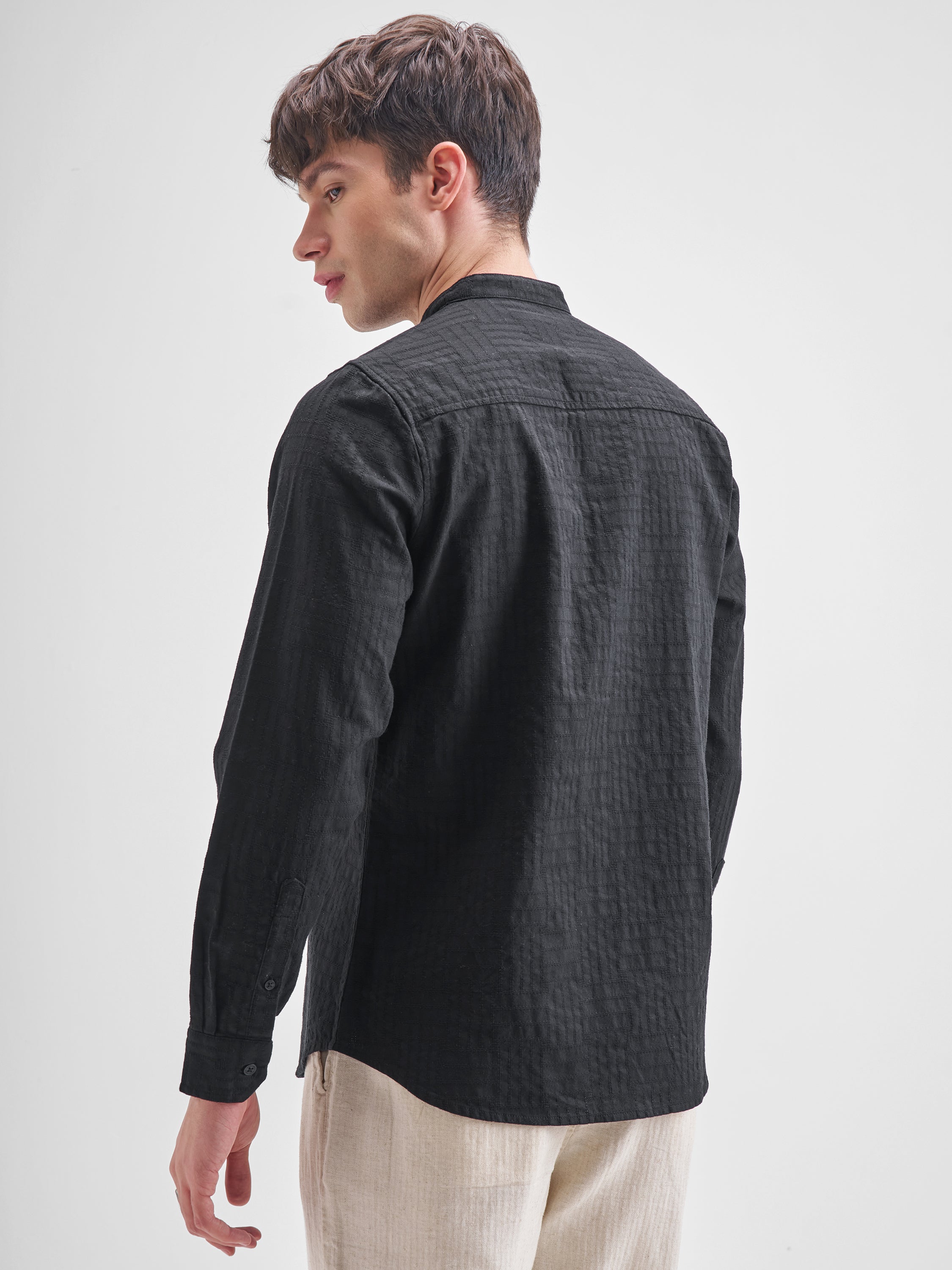 Highlander Men Black Self Design Slim Fit Casual Shirt - Black - Image 3