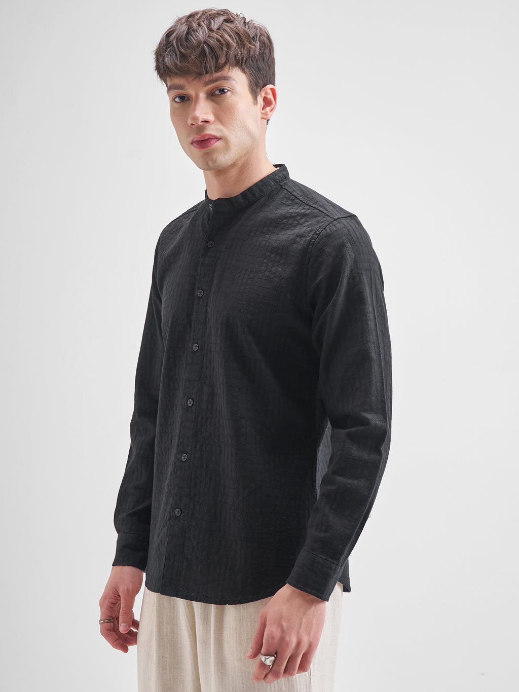 Highlander Men Black Self Design Slim Fit Casual Shirt - Black - Image 4
