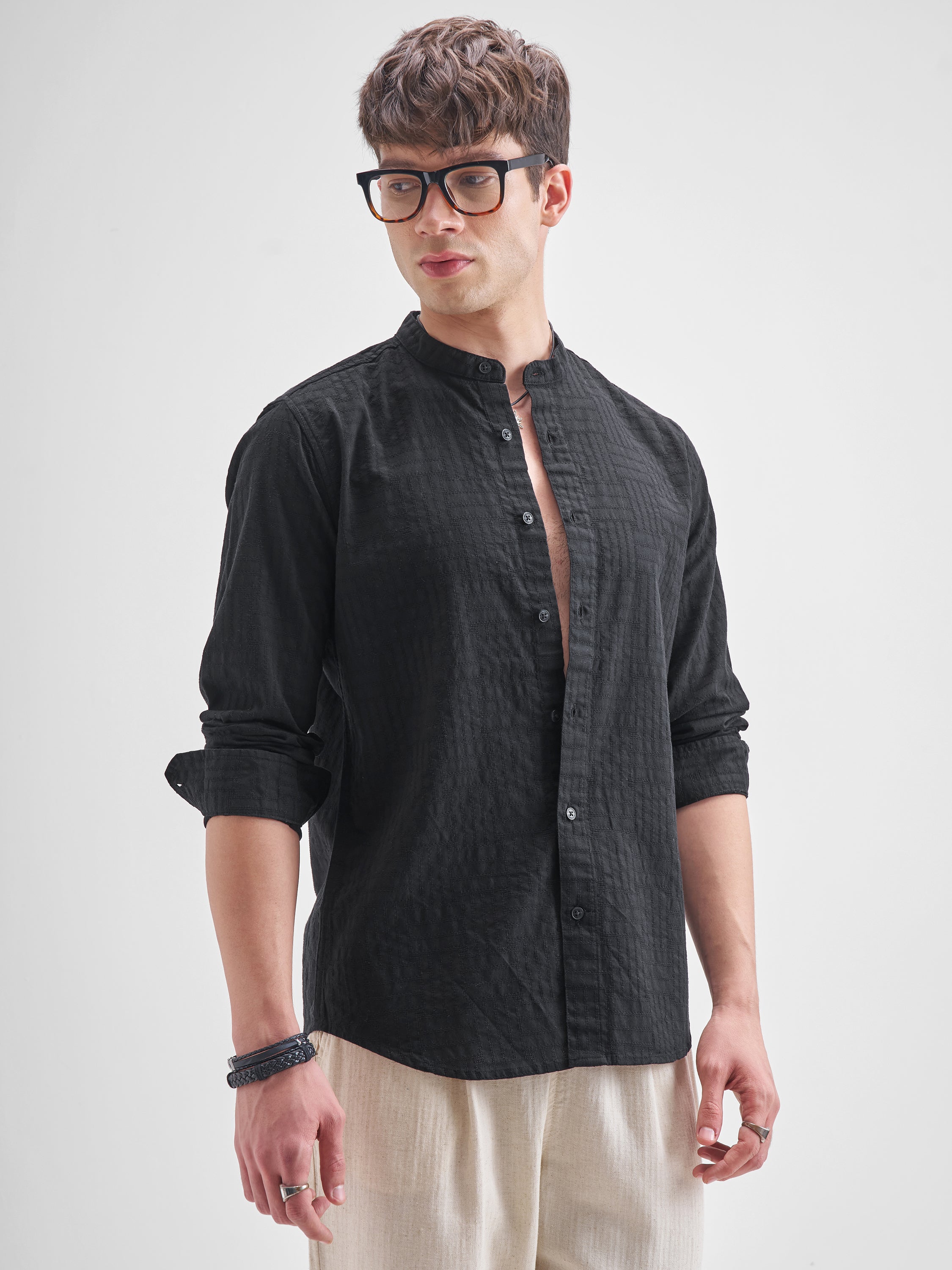 Highlander Men Black Self Design Slim Fit Casual Shirt - Black - Image 6