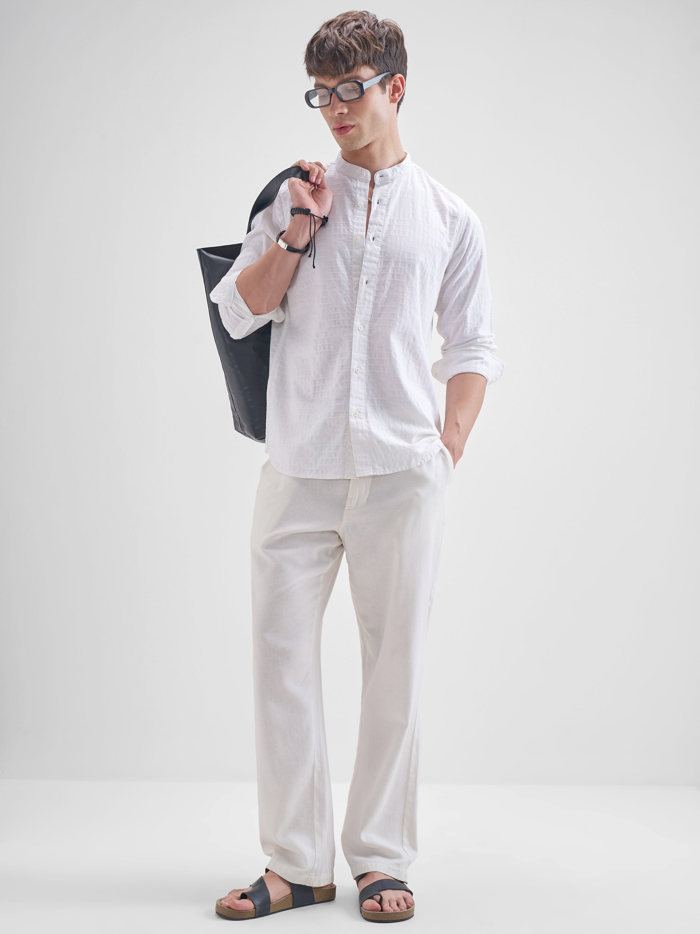 Highlander Men White Self Design Slim Fit Casual Shirt - White - Image 2