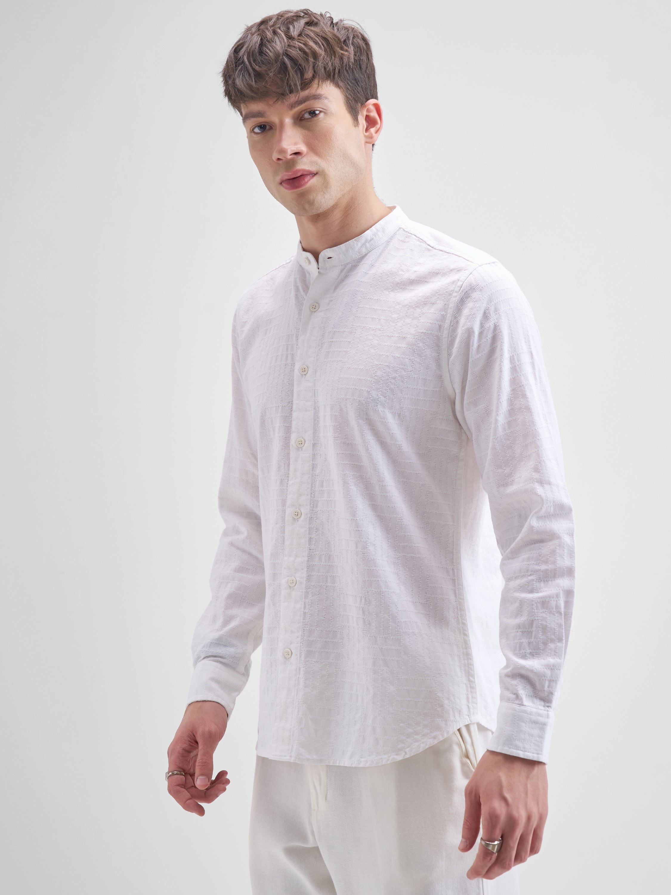 Highlander Men White Self Design Slim Fit Casual Shirt - White - Image 4