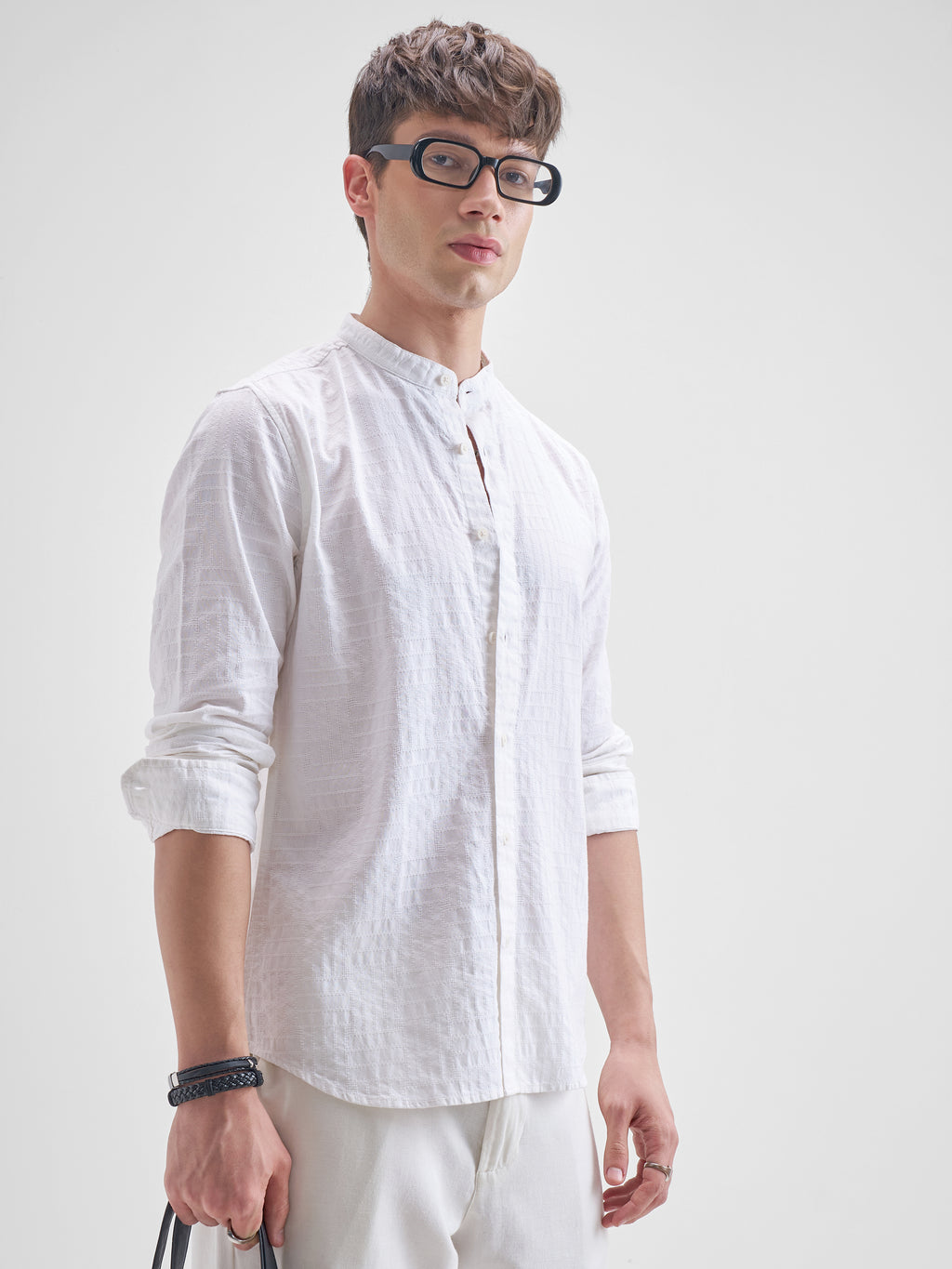 Highlander Men White Self Design Slim Fit Casual Shirt - White - Image 6