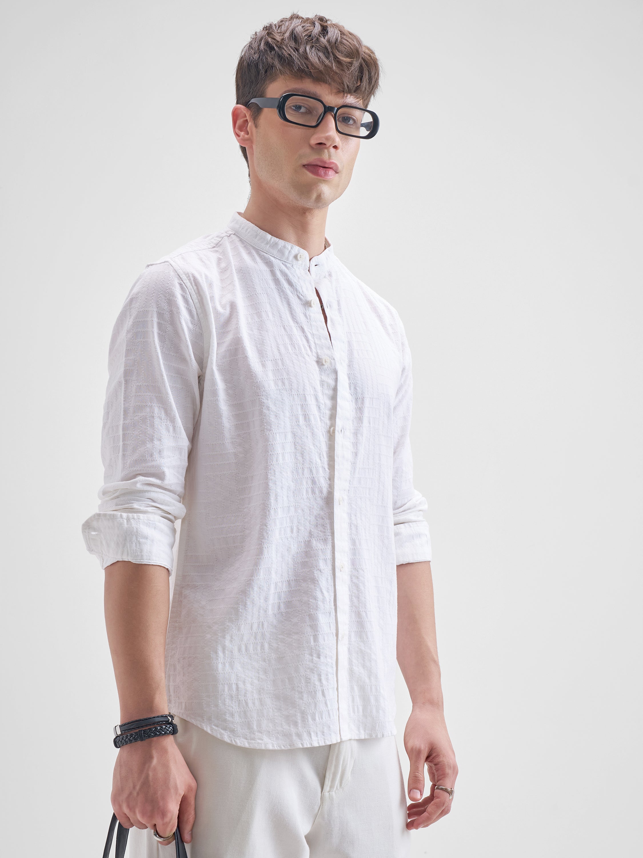 Highlander Men White Self Design Slim Fit Casual Shirt - White - Image 6